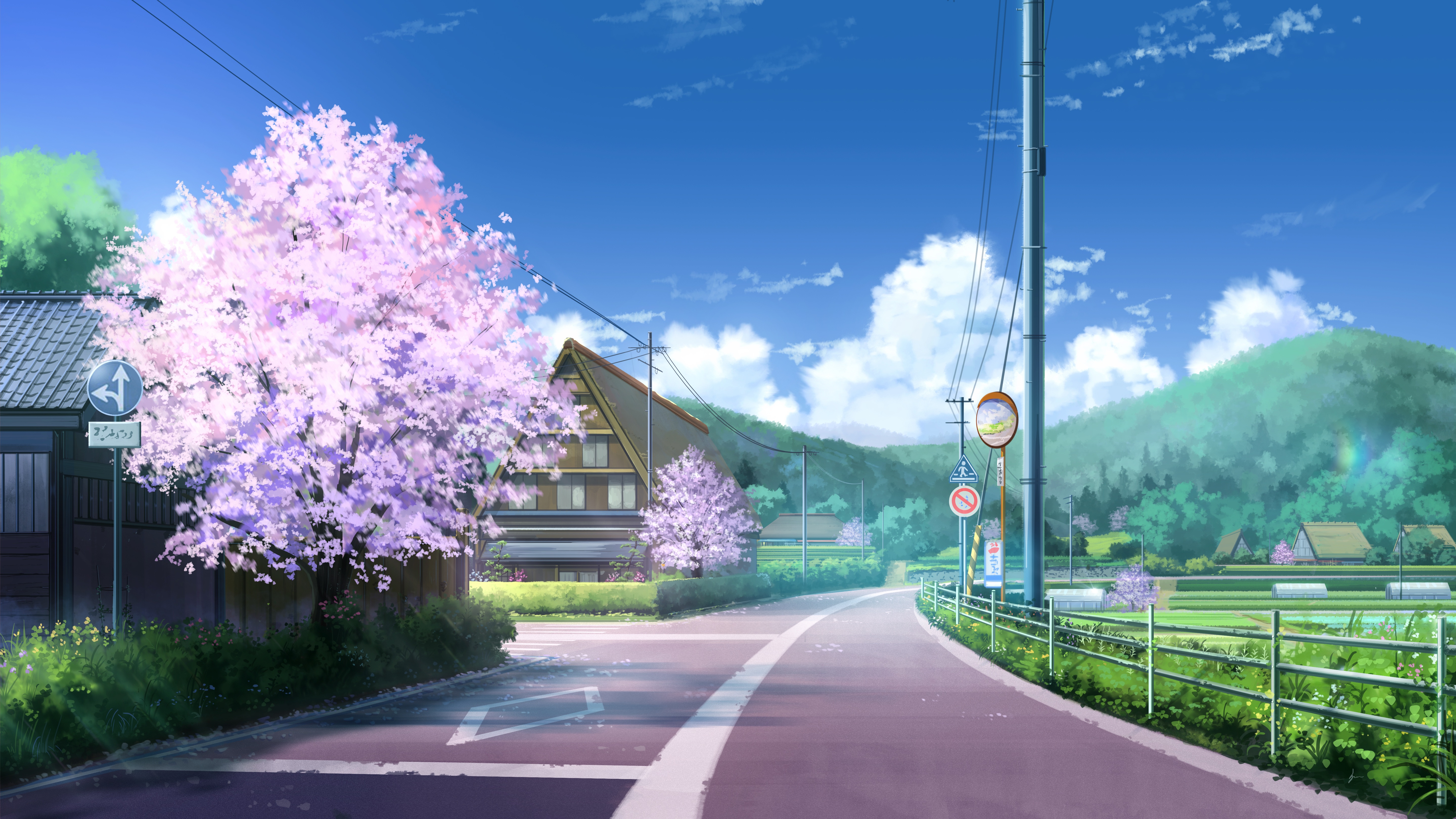 Anime 5760x3240 anime cherry blossom road house sky clouds