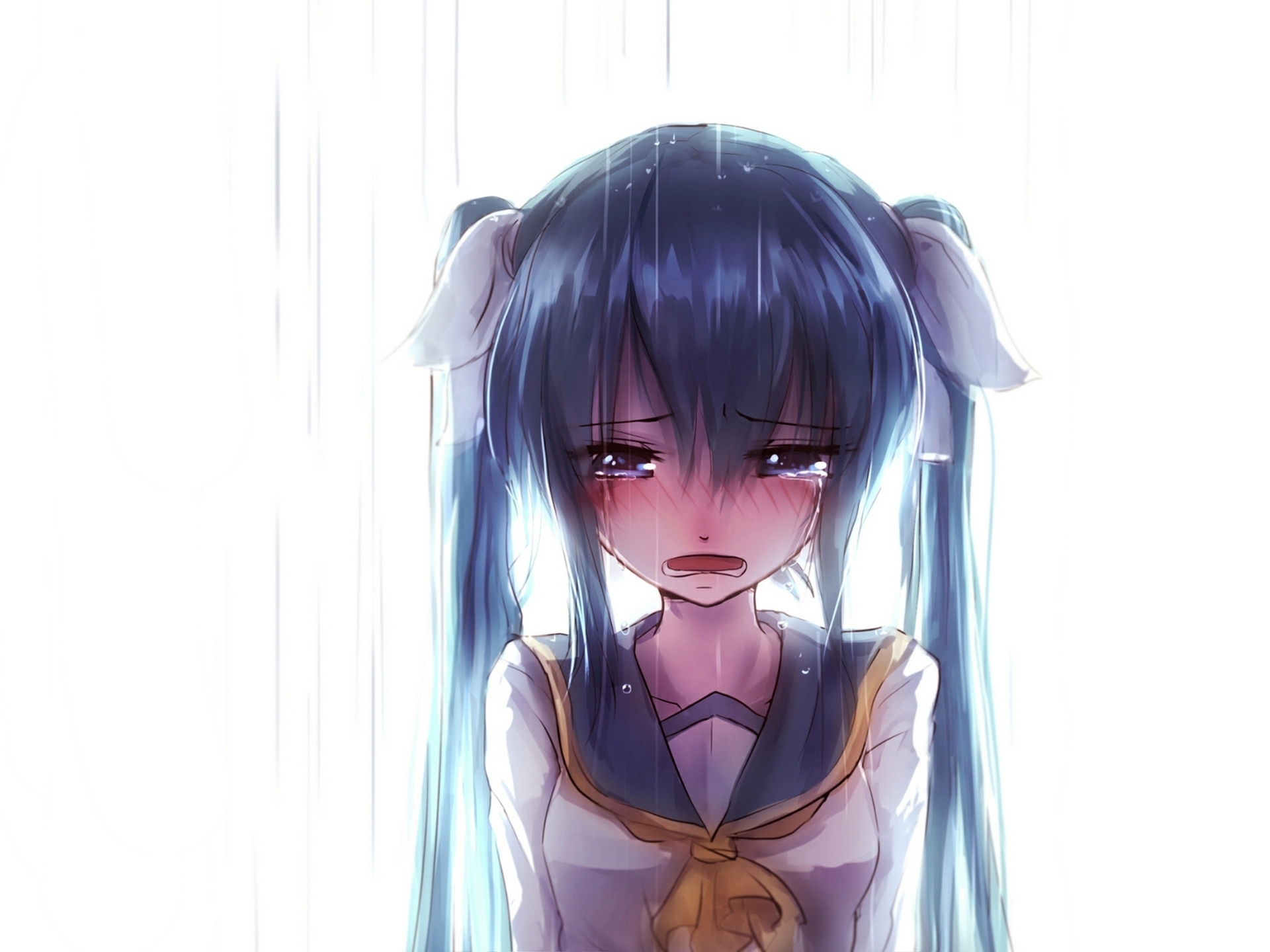 Anime 1920x1440 Vocaloid Hatsune Miku anime girls artwork Bai Yemeng rain crying blushing twintails school uniform sailor uniform