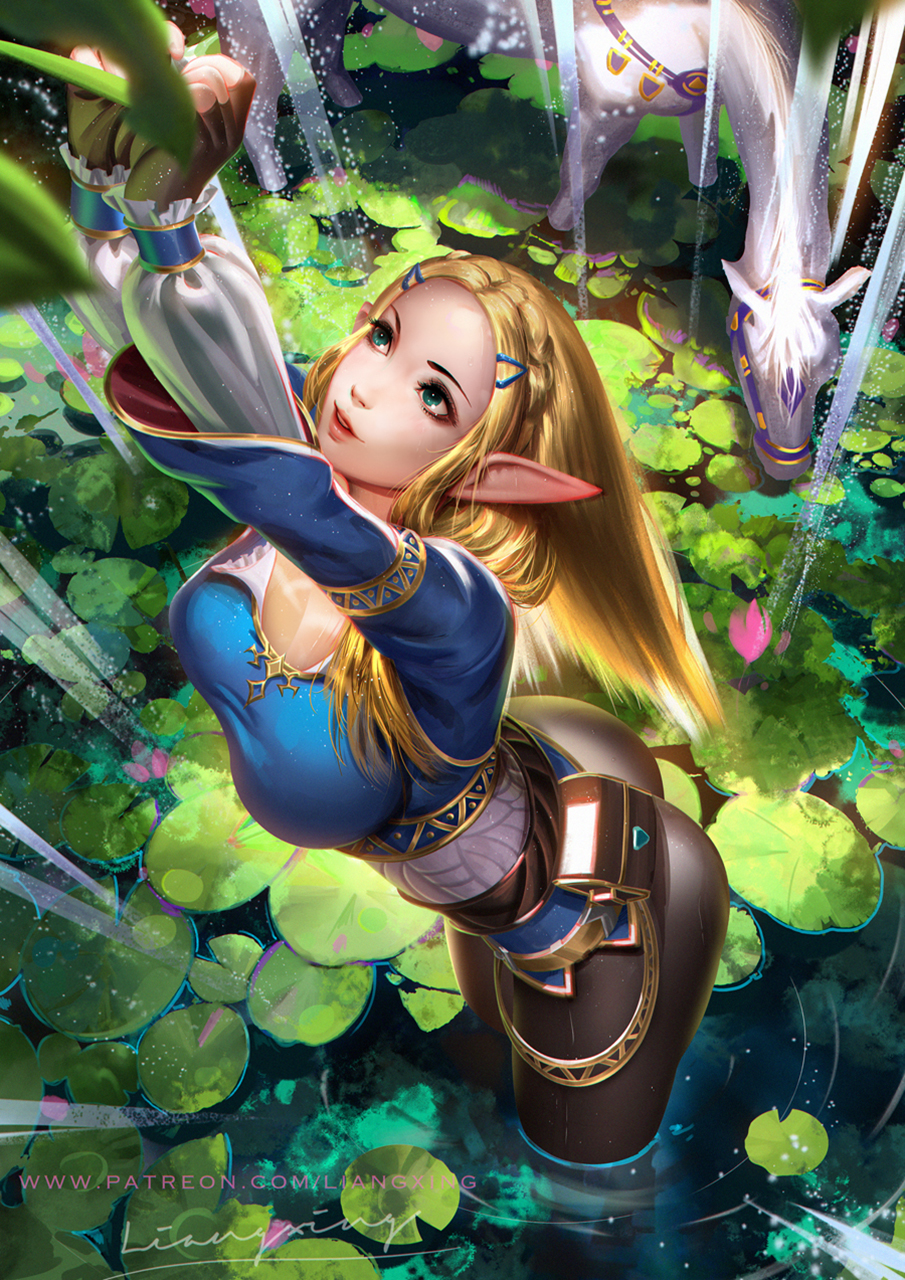 General 905x1280 Jason Liang drawing Zelda women blonde long hair straight hair blue clothing swamp horse fantasy art high angle