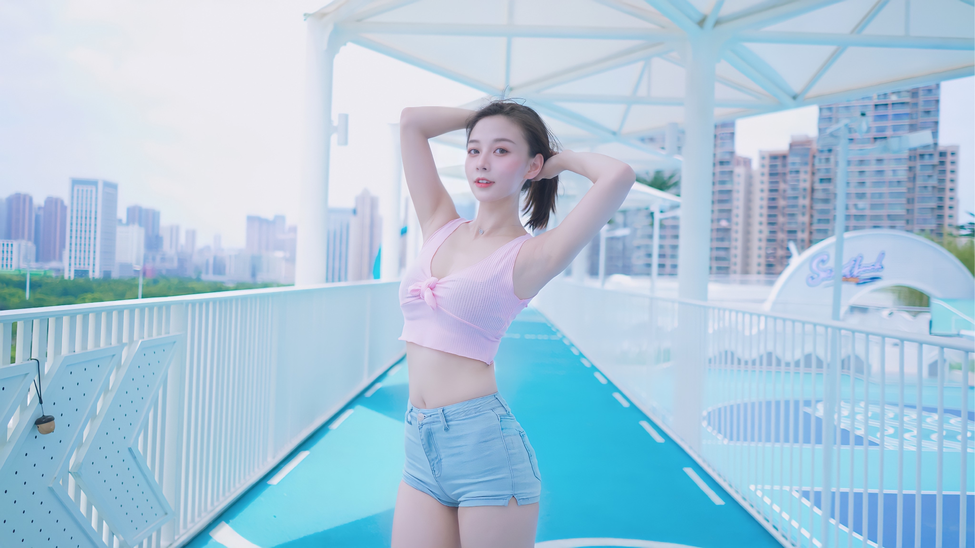 People 1922x1080 Chinese Asian Chinese women women women outdoors outdoors jean shorts shorts pale red lipstick arms up cleavage model