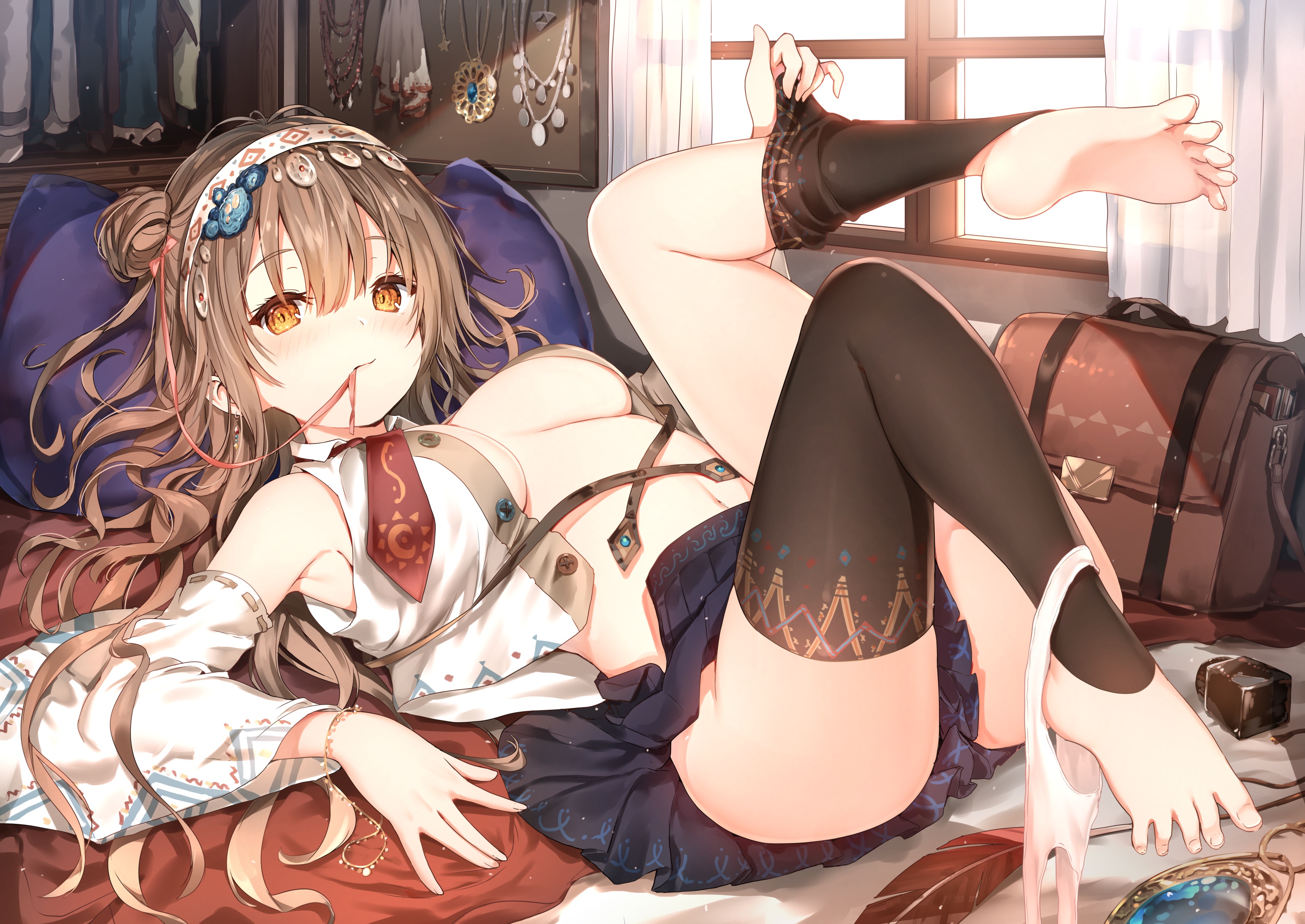 Anime 3500x2478 anime anime girls Sune artwork brunette brown eyes lying on back in bed open shirt no bra underboob legs up panties to the side feet panties barefoot thighs