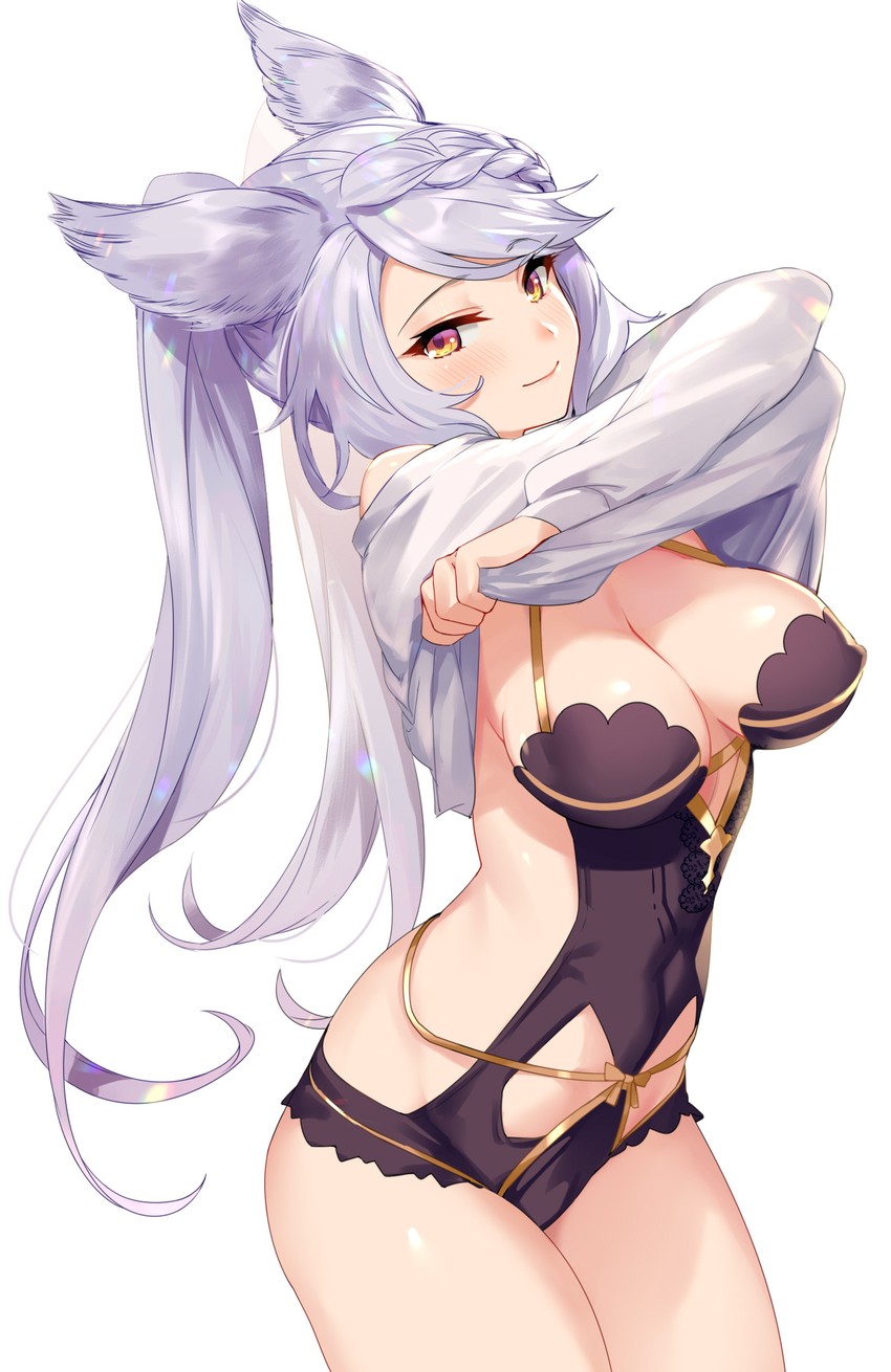 Anime 850x1310 Fraux cleavage silver hair Aki663 long hair yellow eyes smile blush simple background lifting shirt looking at viewer big boobs animal ears standing arms up undressing skimpy clothes