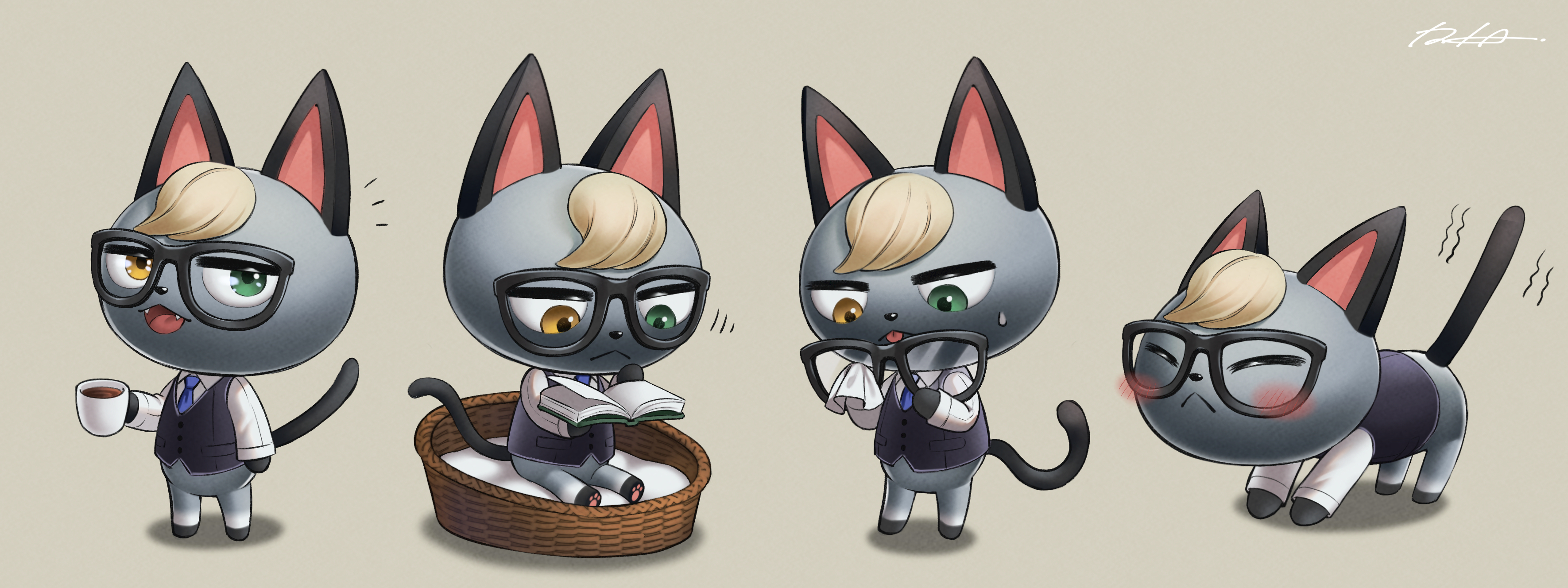 General 3541x1328 Animal Crossing cats humanoid white shirt vest short hair trembling tongue out tail animal ears sweat stretching standing smiling sitting simple background shirt reading cat boy orange eyes open mouth necktie looking at viewer book in hand heterochromia green eyes glasses fangs