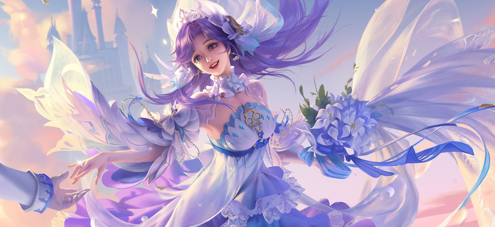 Anime 1920x882 Honor of Kings Da Qiao anime girls flowers video game girls video games video game art purple hair blue eyes dress