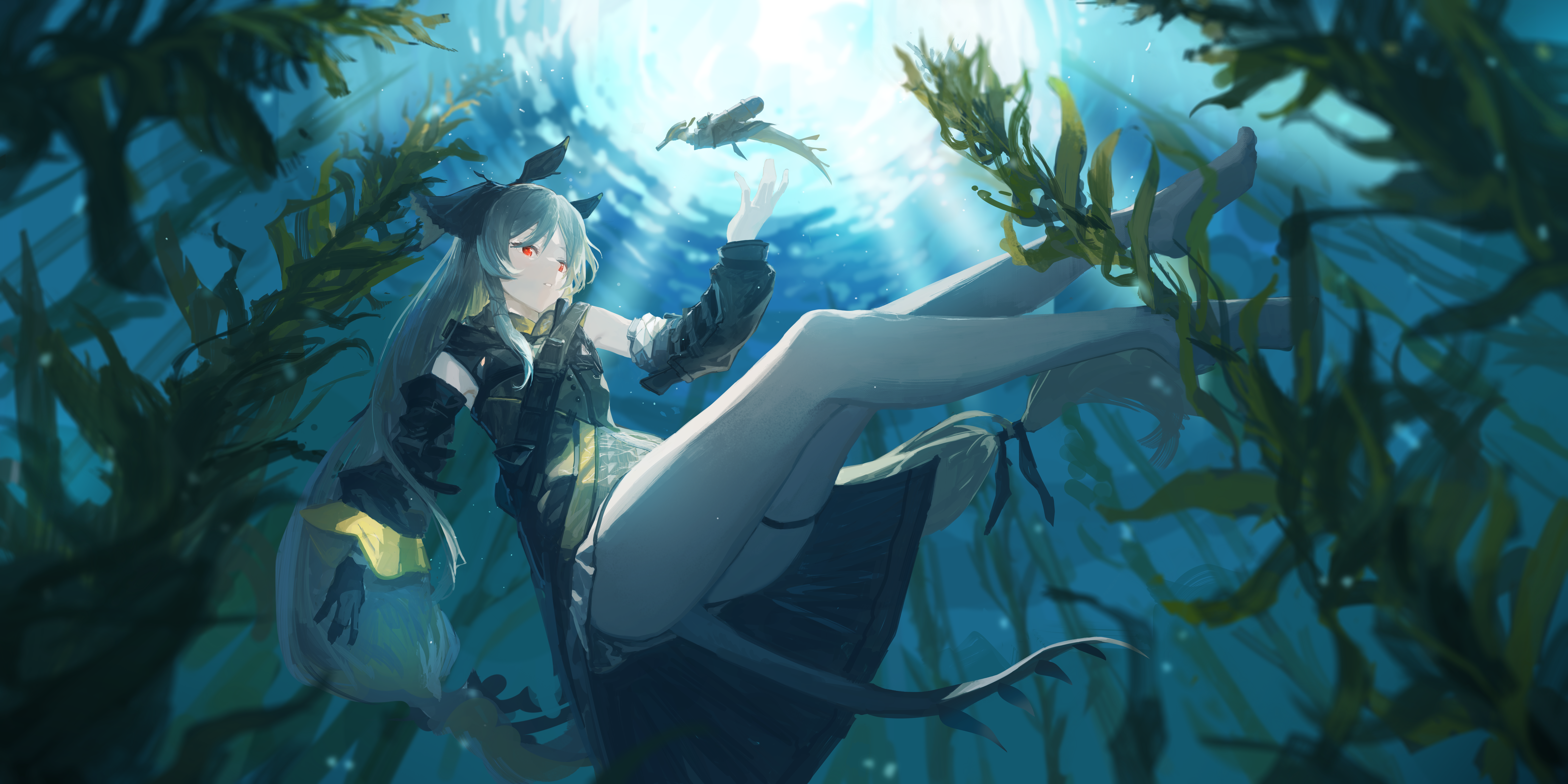 Anime 8400x4200 Arknights Weedy (Arknights) swimming underwater anime girls water fish in water red eyes
