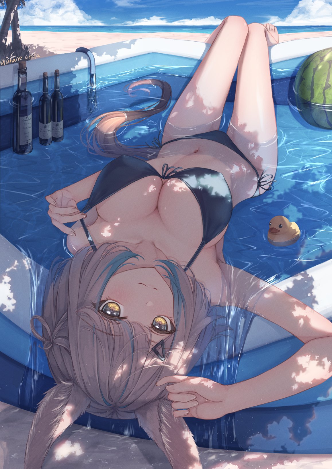 Anime 1158x1637 Amane Utata anime girls bikini cleavage animal ears horse girls in water water watermelons multi-colored eyes big boobs swimming pool