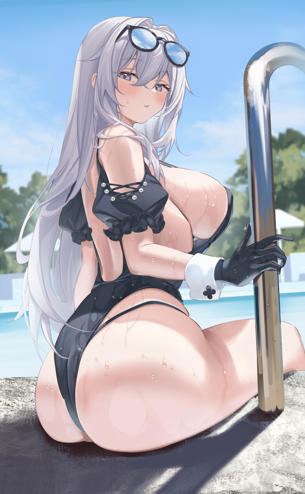 Anime 1157x1874 anime girls blue eyes white hair ass one-piece swimsuit sideboob big boobs sunglasses wet body swimming pool gloves looking back