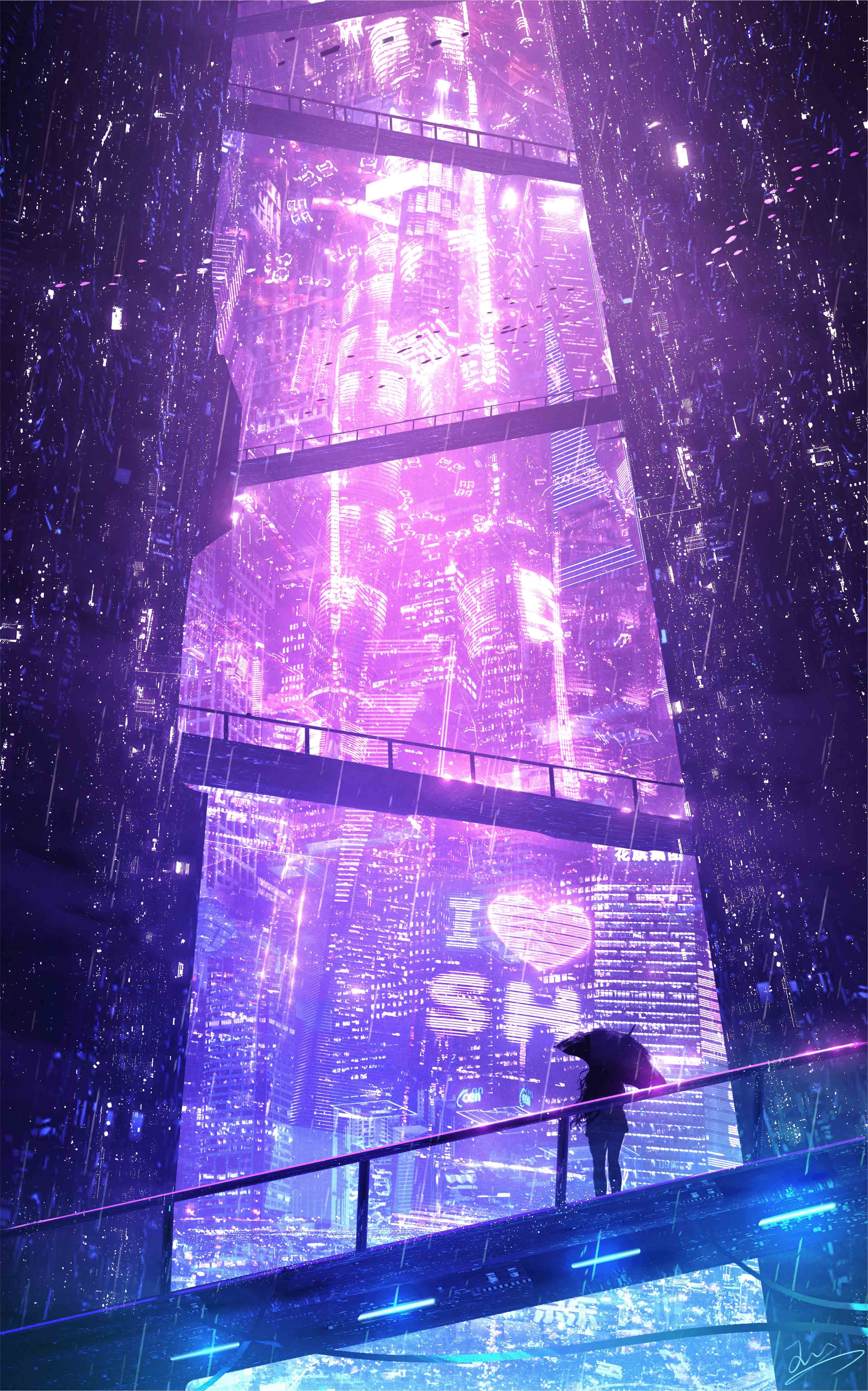 Anime 3489x5590 HuashiJW cityscape lights anime girls digital art