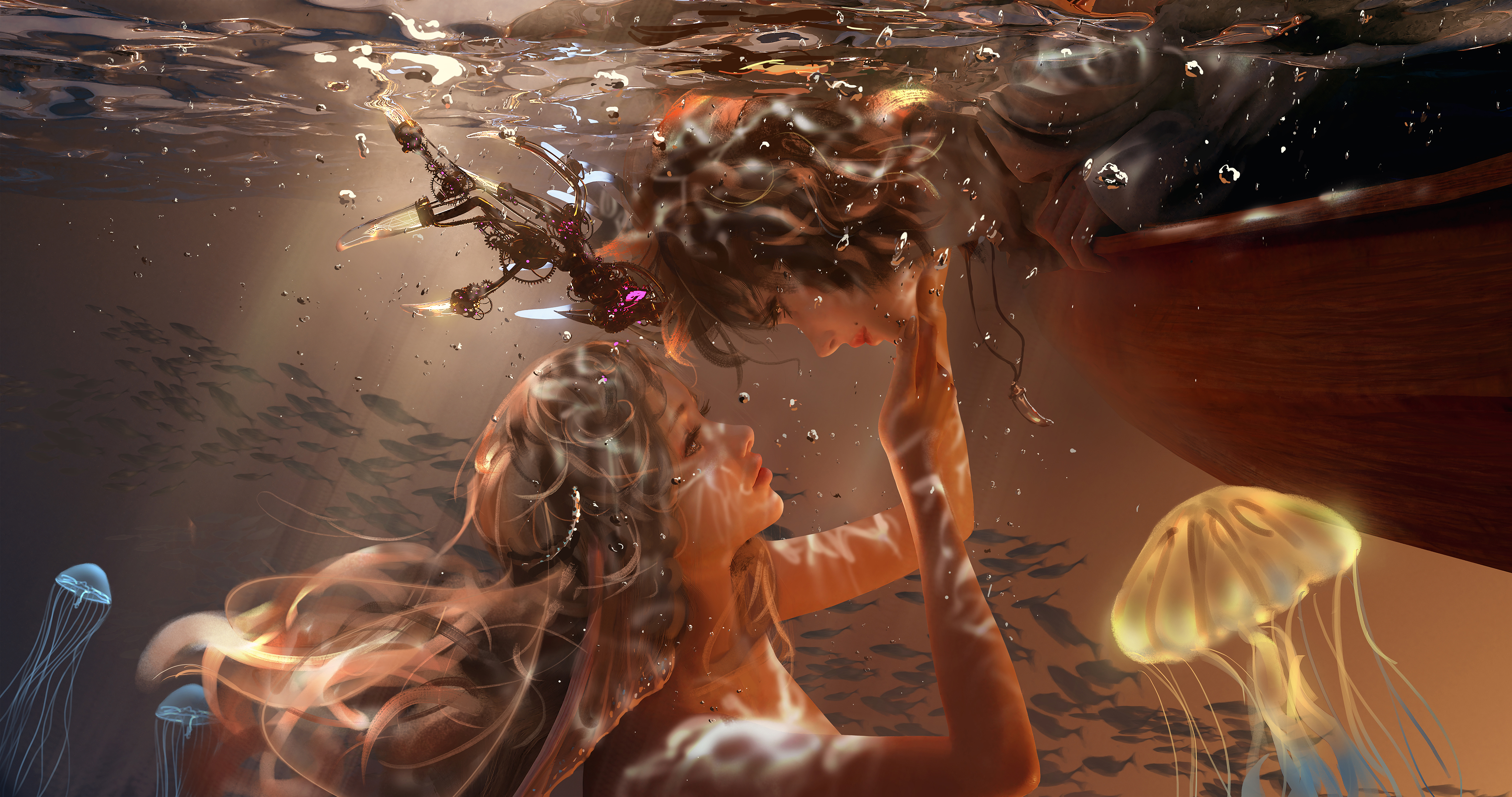 Anime 4087x2154 WLOP artwork women mermaids underwater jellyfish