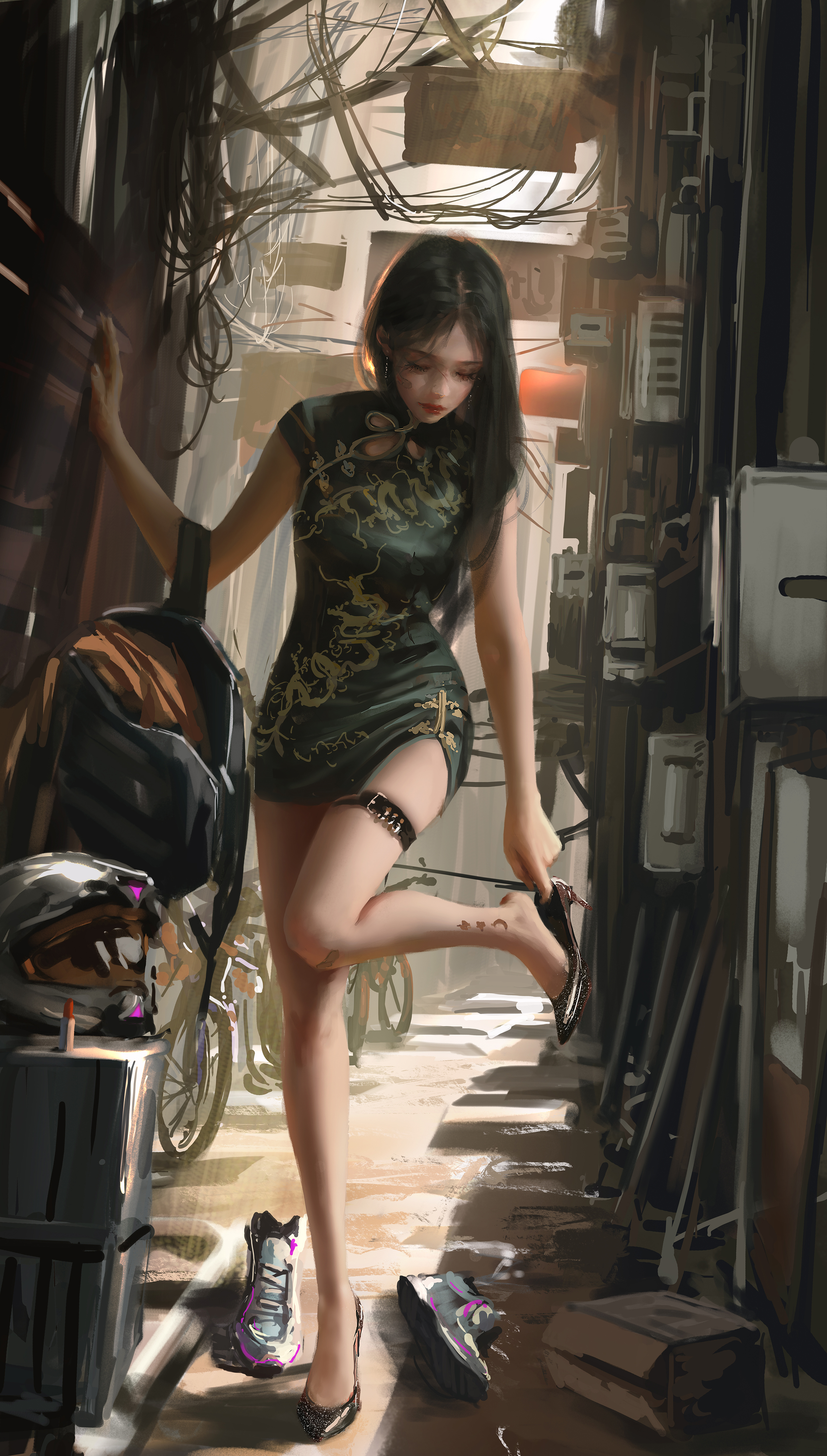Anime 2386x4200 women Asian chinese dress alleyway WLOP artwork