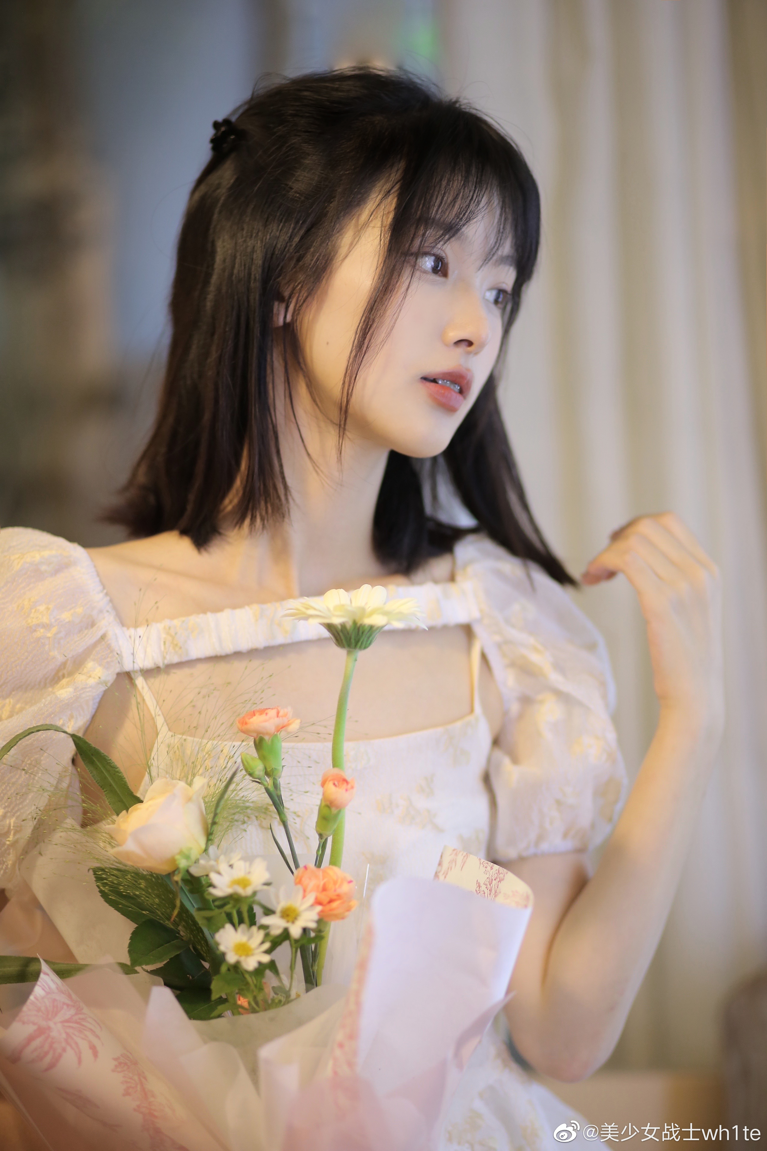People 2560x3840 women short hair Chinese Asian model brunette white dress flowers women indoors