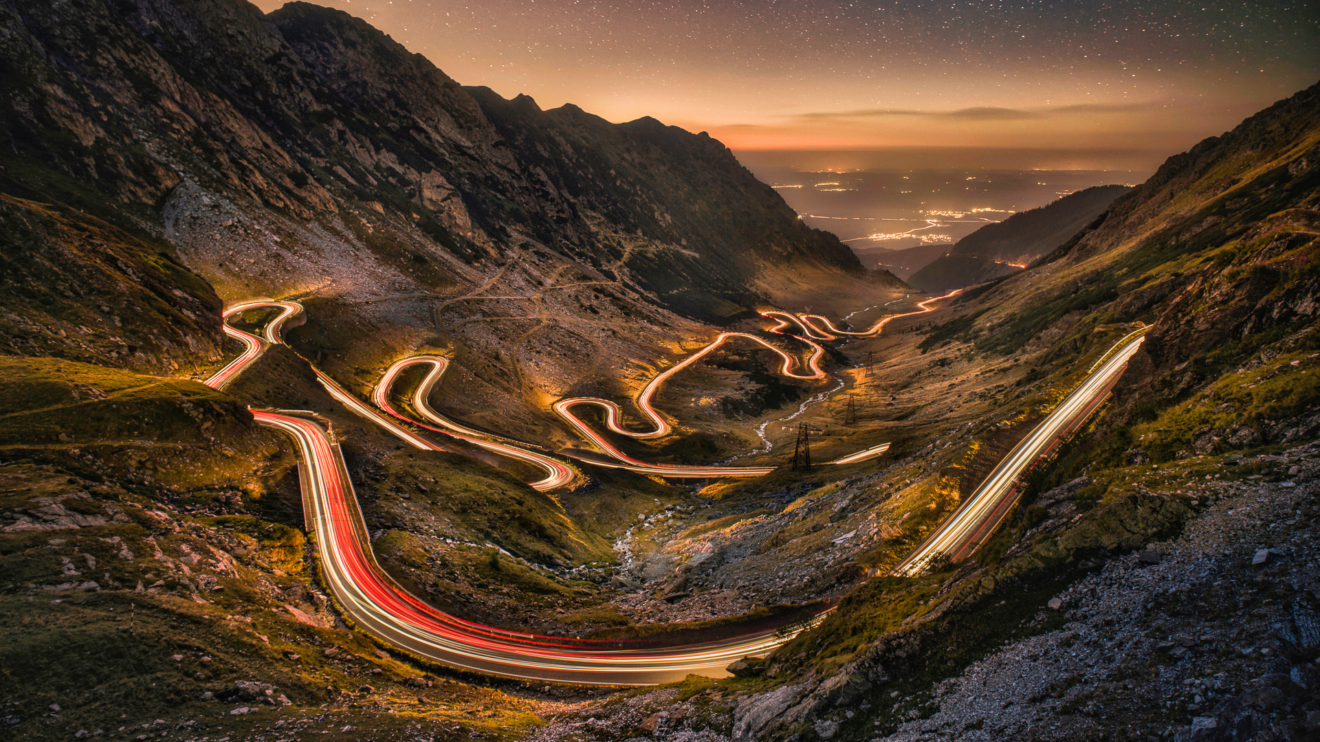 General 1920x1080 night road light trails mountains landscape