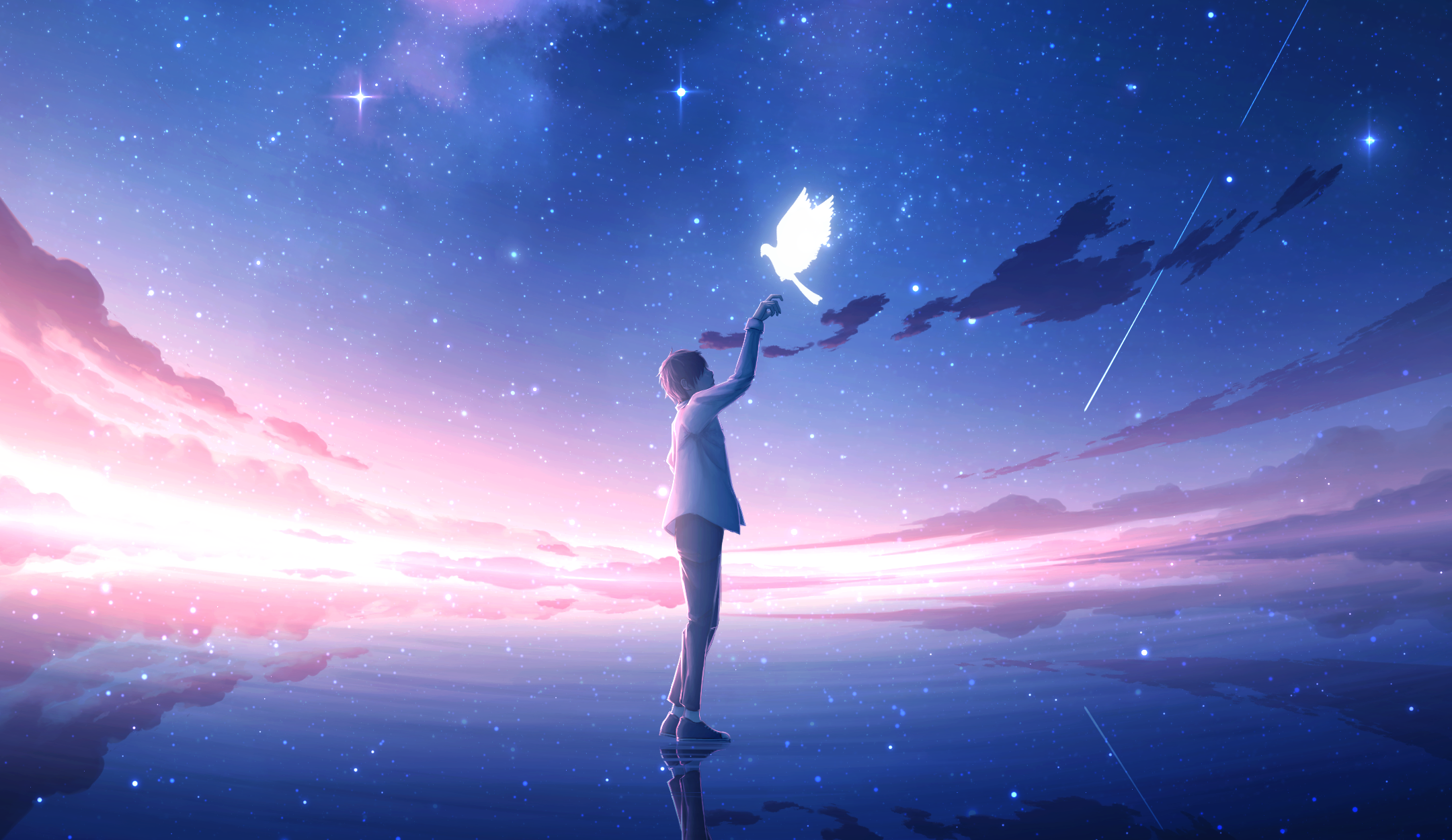 Anime 2160x1250 starry night anime boys anime reflection stars birds