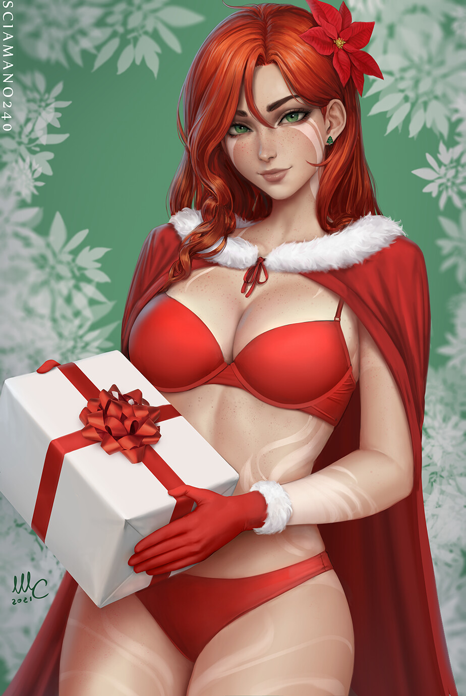 General 924x1380 Mirco Cabbia drawing women Windranger Dota 2 redhead cape lingerie gloves red clothing flower in hair green eyes Christmas presents simple background