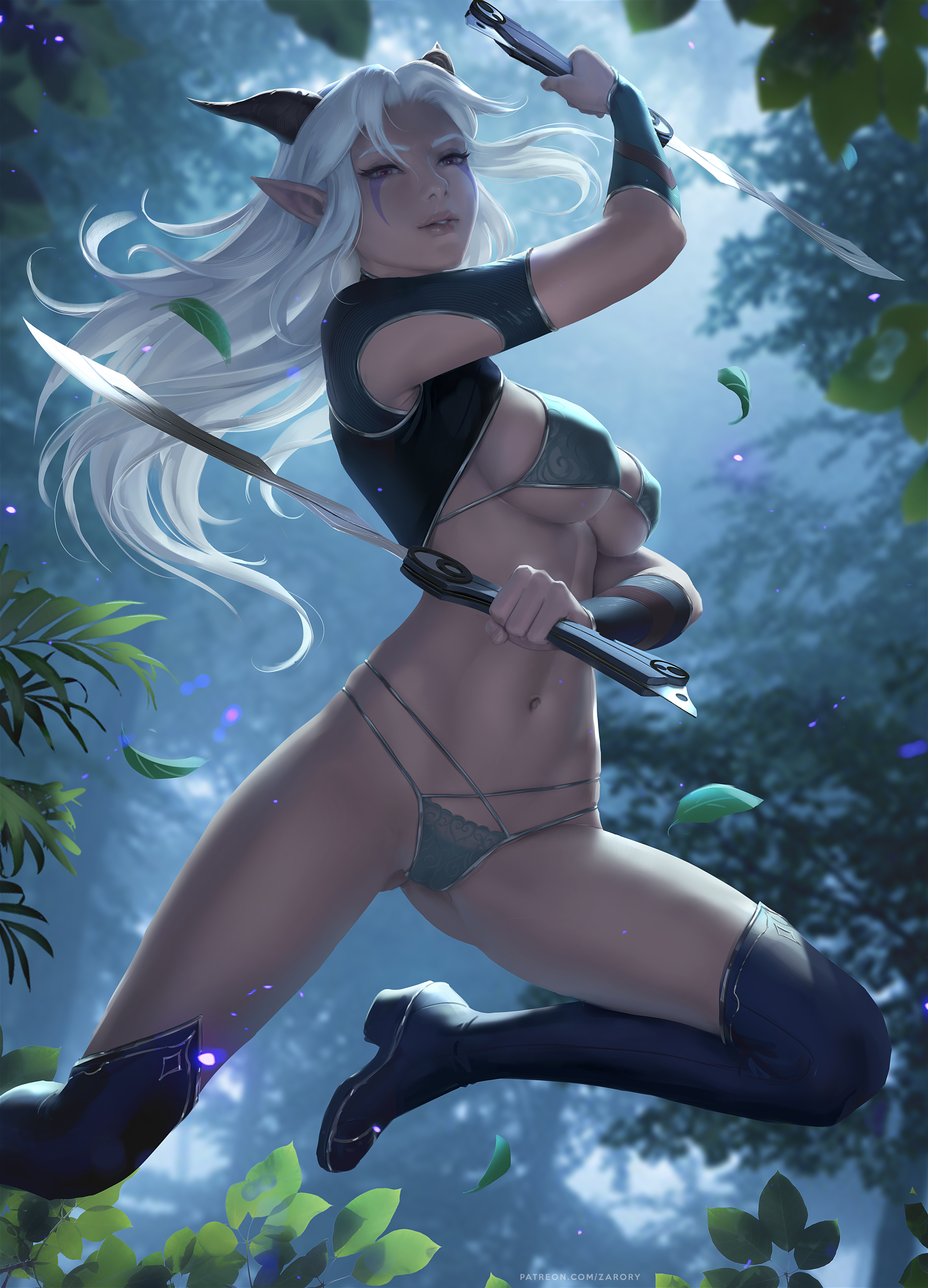 General 2883x4000 Rayla  The Dragon Prince fantasy girl horns pointy ears white hair sword underwear lingerie bra panties knee-high boots forest 2D artwork drawing fan art Zarory underboob girls with guns cartoon