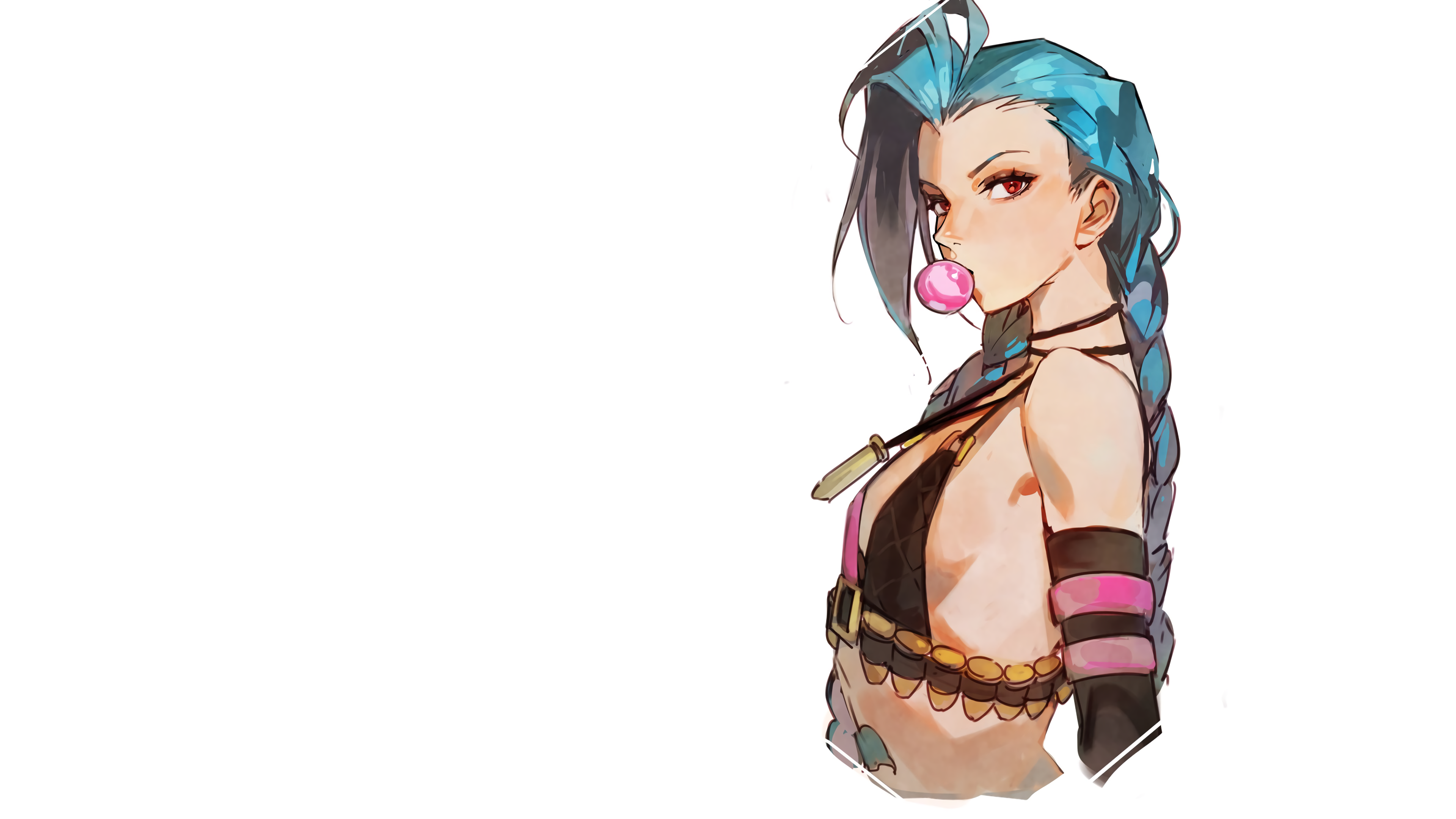 Anime 3840x2160 white background Jinx (League of Legends) League of Legends red eyes blue hair