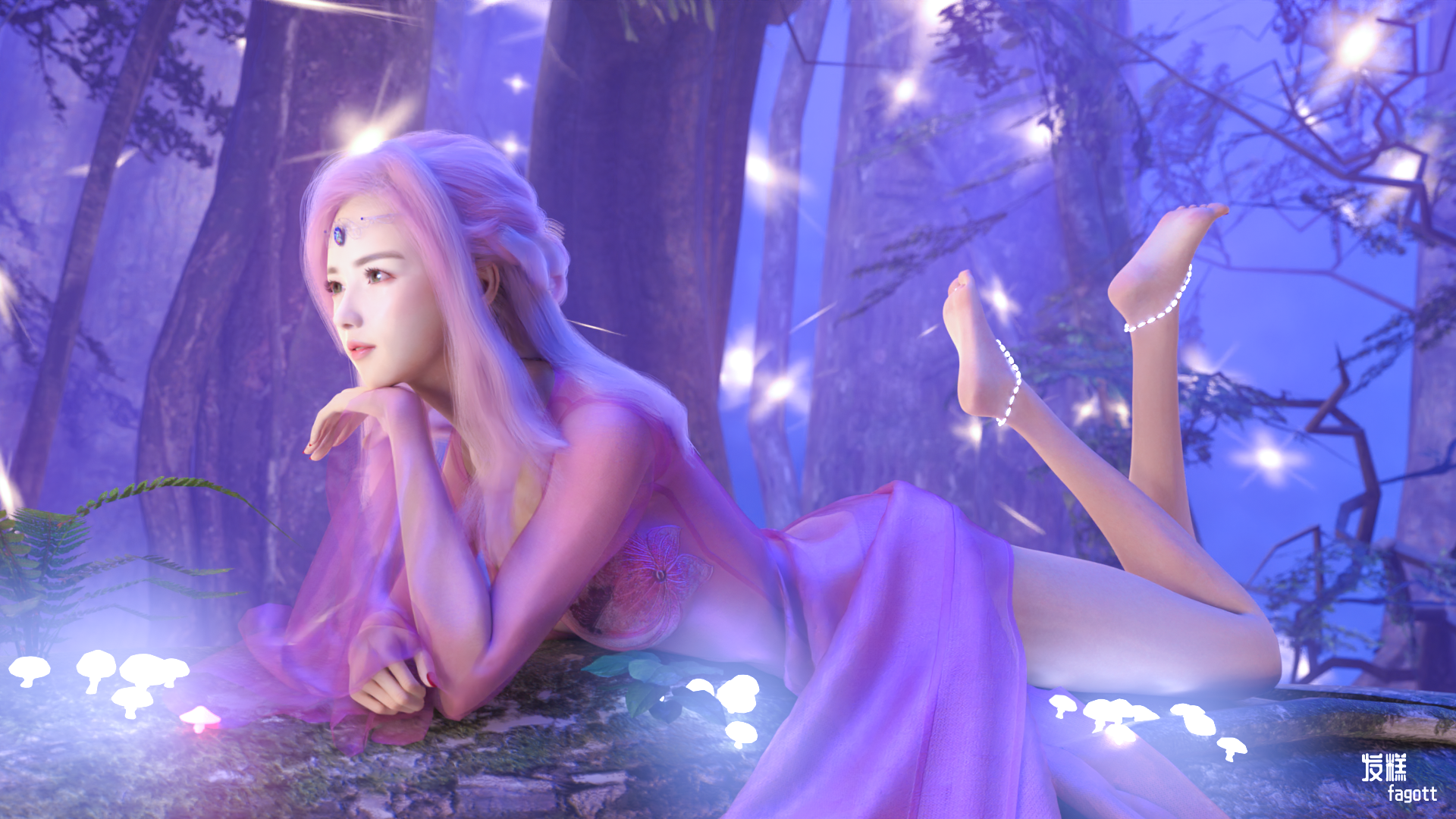 General 1920x1080 fantasy girl dress barefoot lights forest original characters artwork CGI digital art
