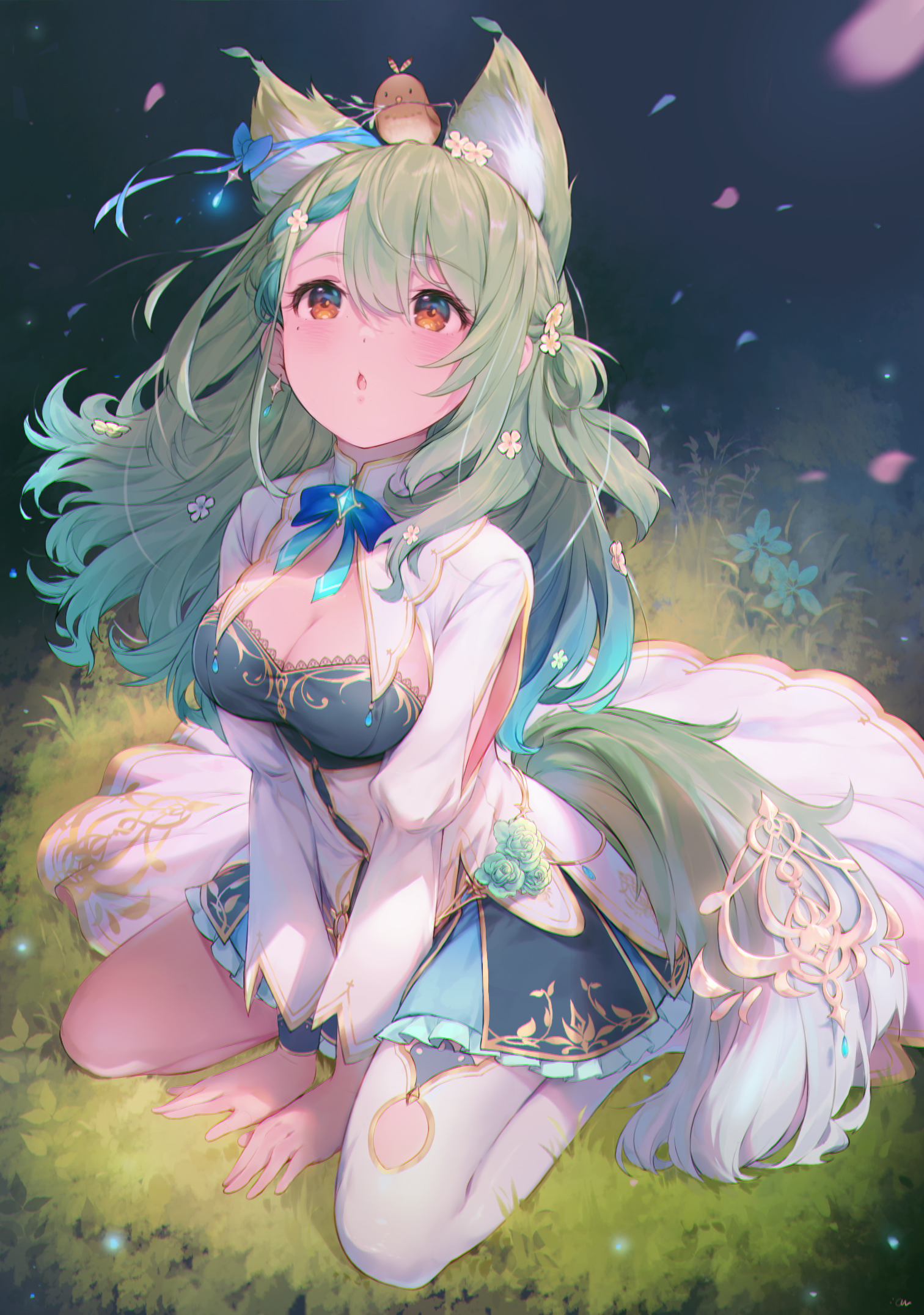 Anime 1512x2150 Virtual Youtuber Ceres Fauna Hololive cat girl green hair brown eyes kneeling cleavage