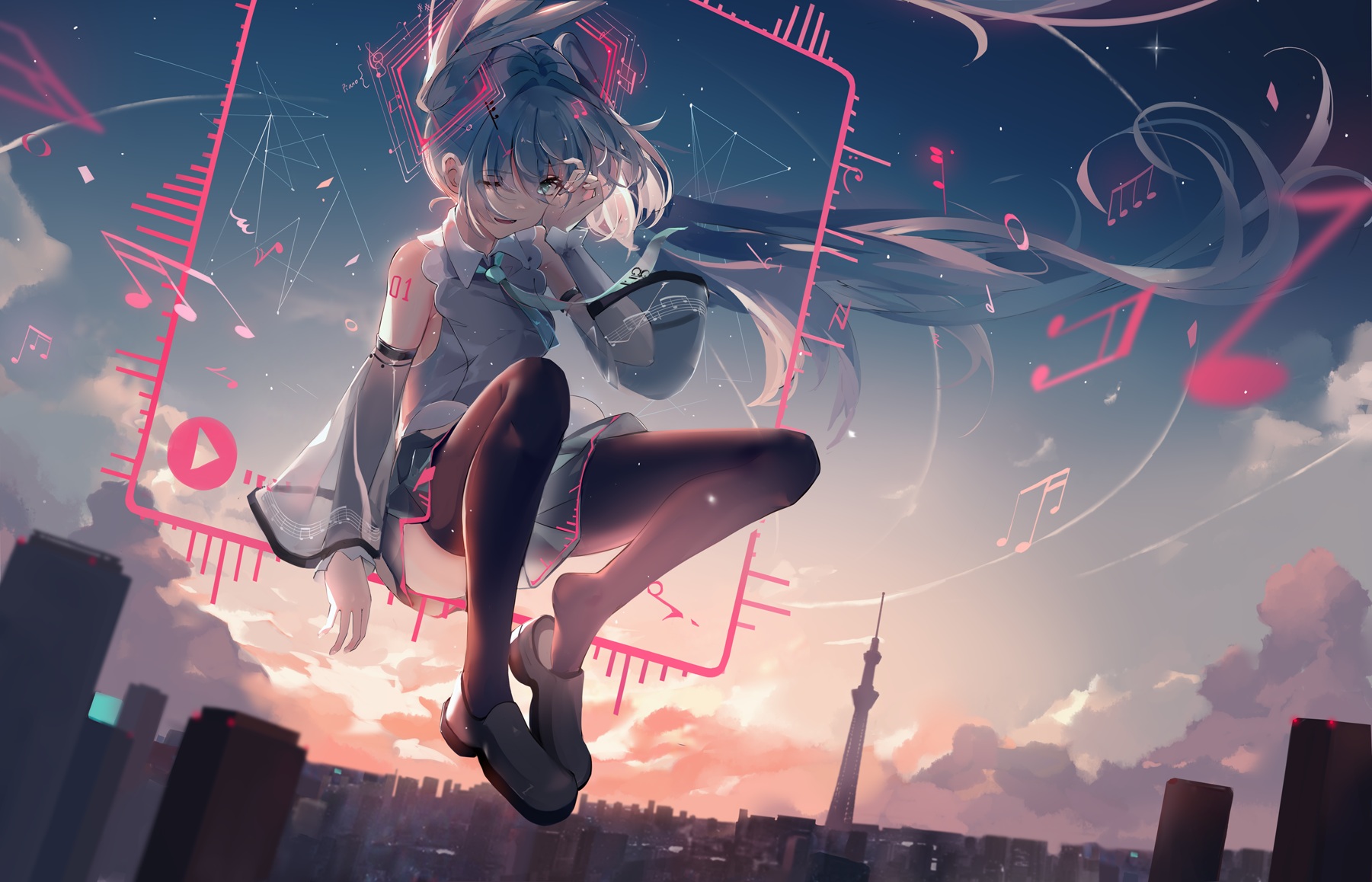 Anime 1801x1158 anime anime girls pantyhose Vocaloid twintails cityscape DLeung