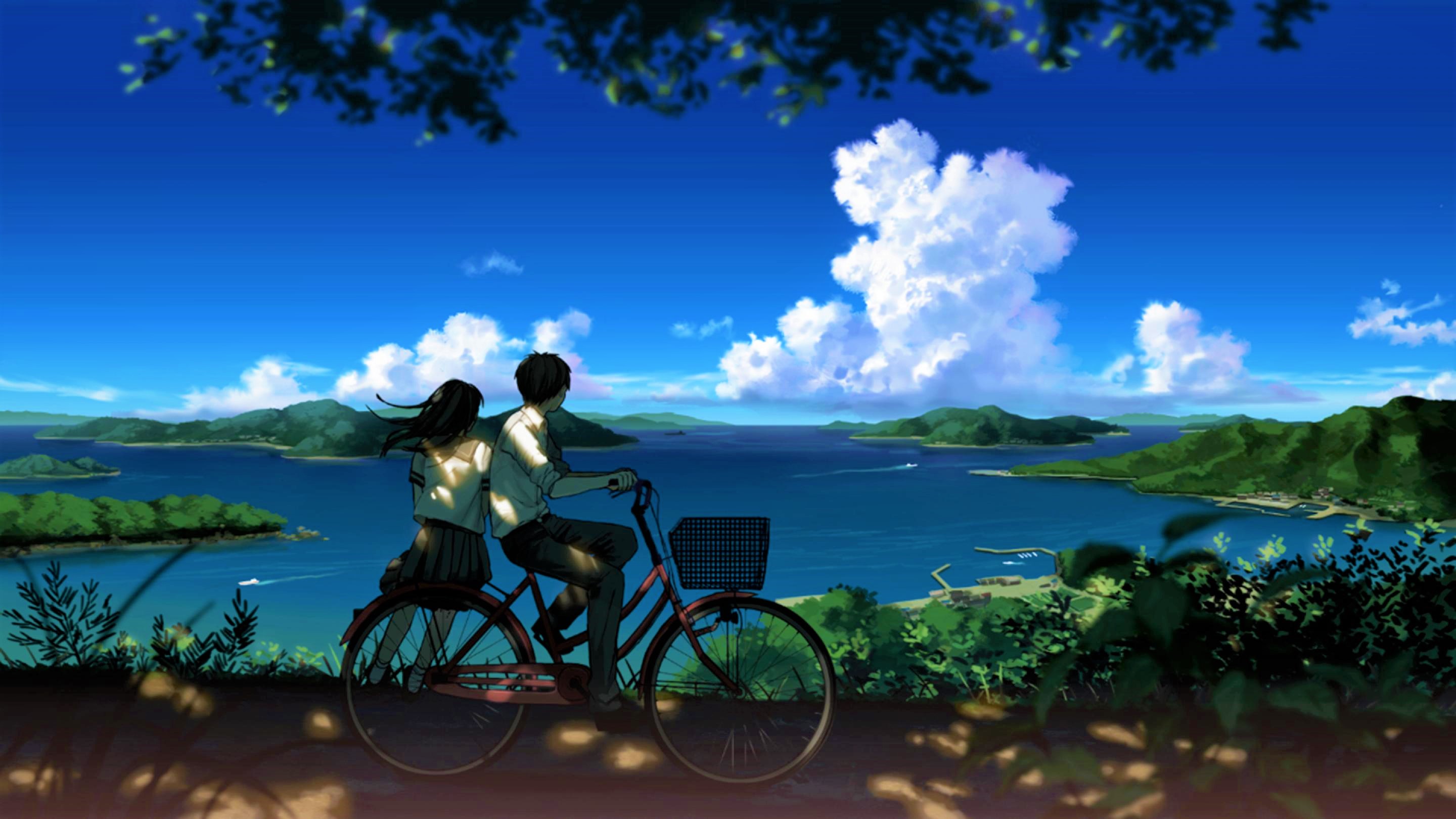 Anime 2880x1620 anime anime girls anime boys anime couple original characters bicycle sky