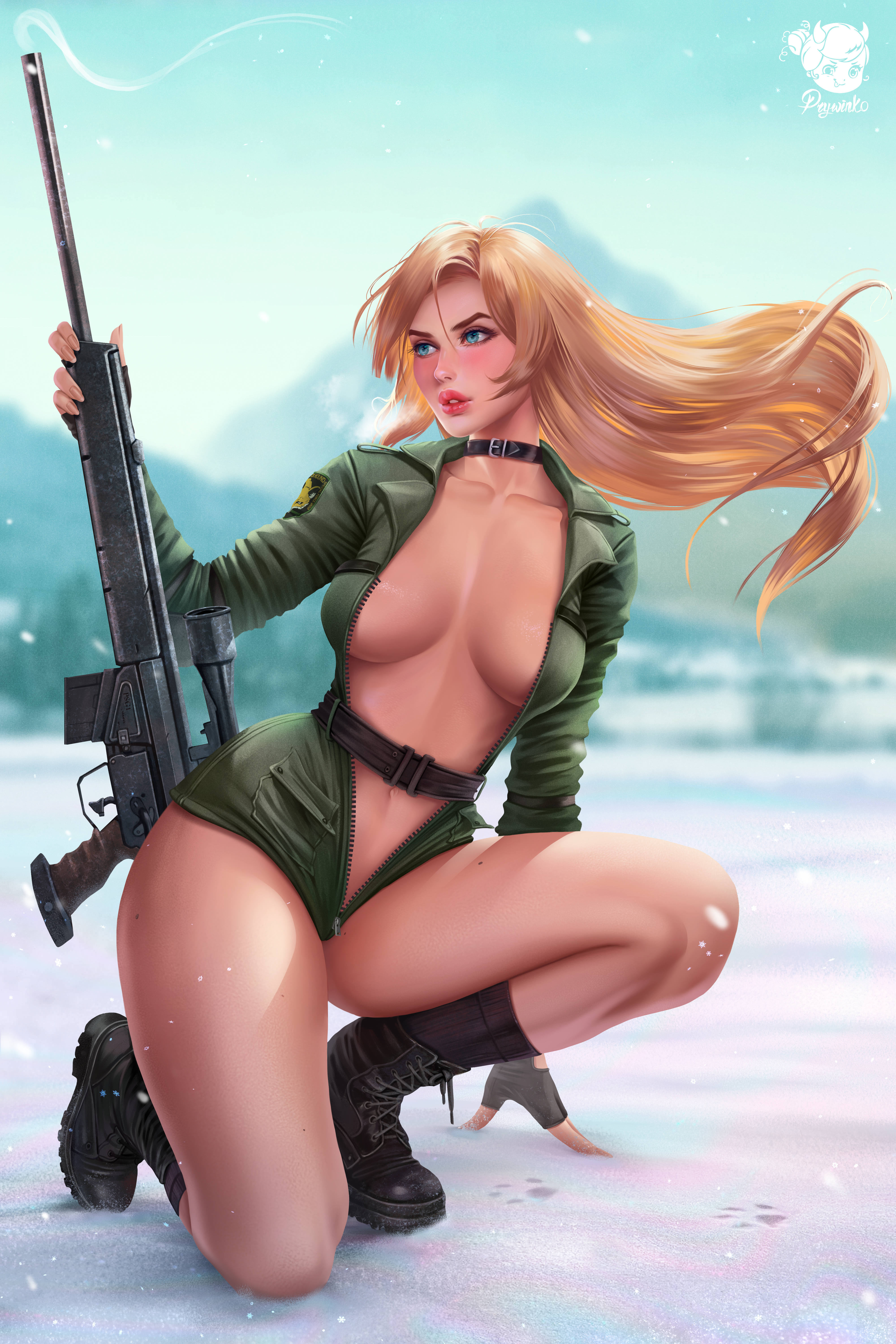 General 4000x6000 Sniper Wolf Metal Gear Solid video games video game girls blonde sniper rifle rifles winter bodysuit unzipped no bra belly thick thigh kneeling 2D artwork drawing fan art Prywinko