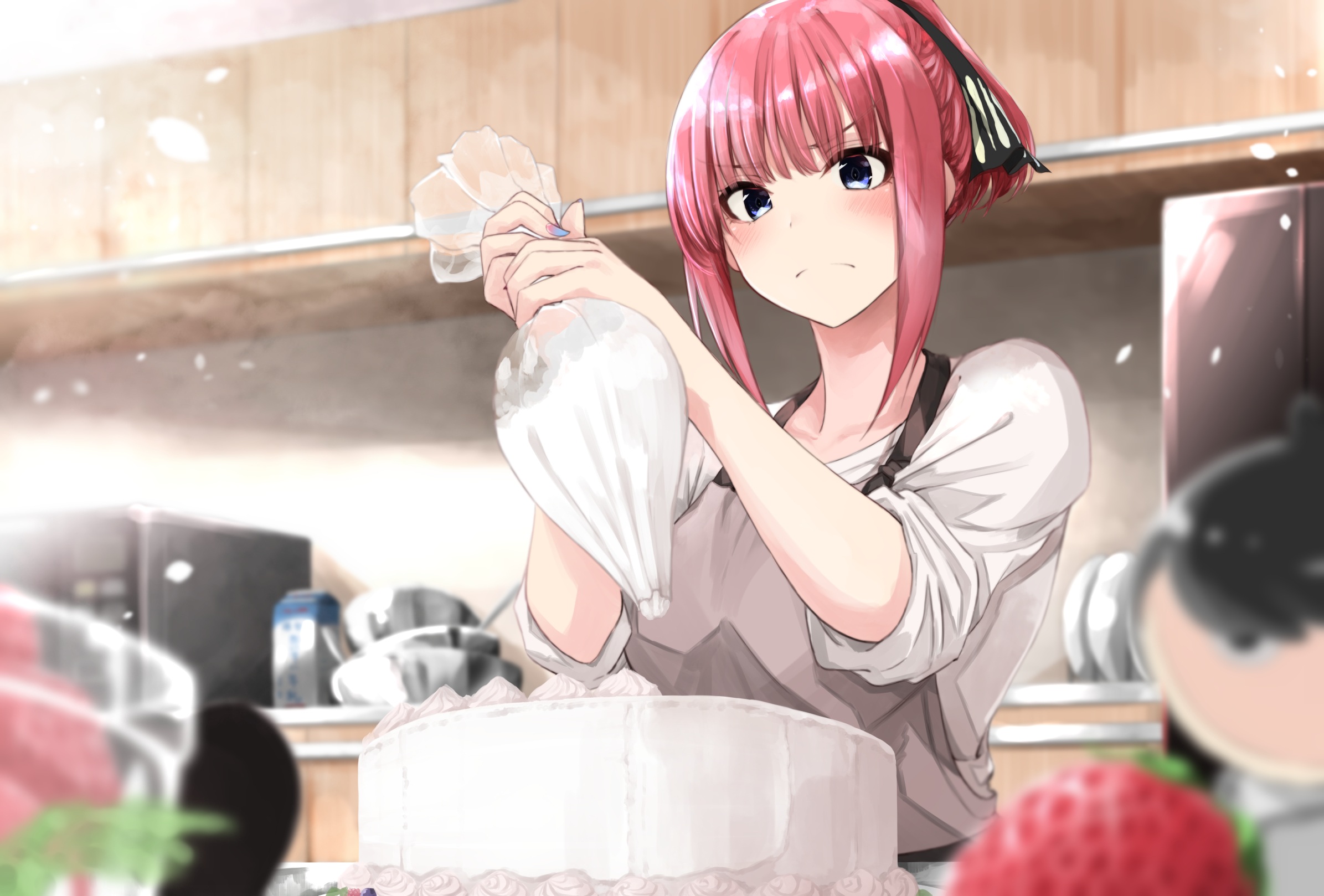 Anime 2391x1618 5-toubun no Hanayome Nakano Nino anime girls artwork Fuu (artist) redhead blue eyes apron cooking cake