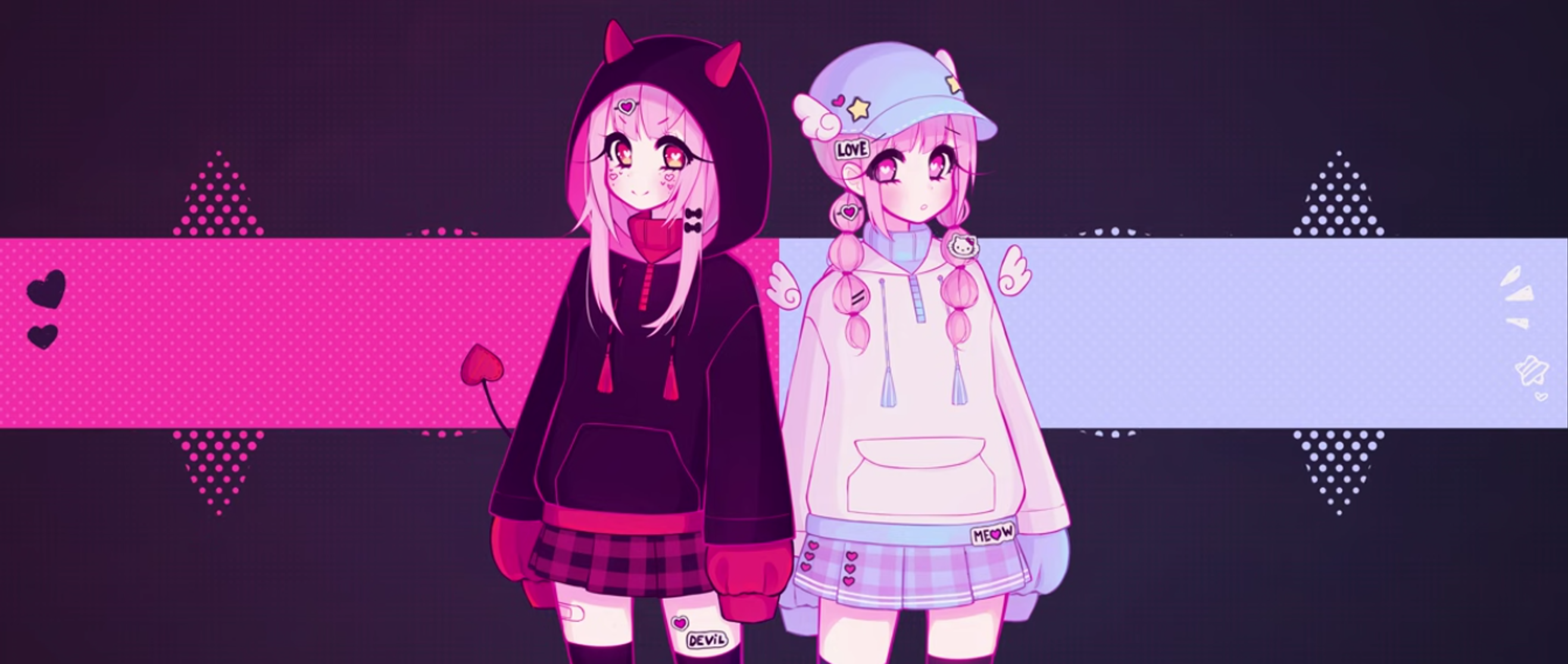 Anime 2634x1115 Ariimaw Geoxor anime anime girls two women horns pink eyes
