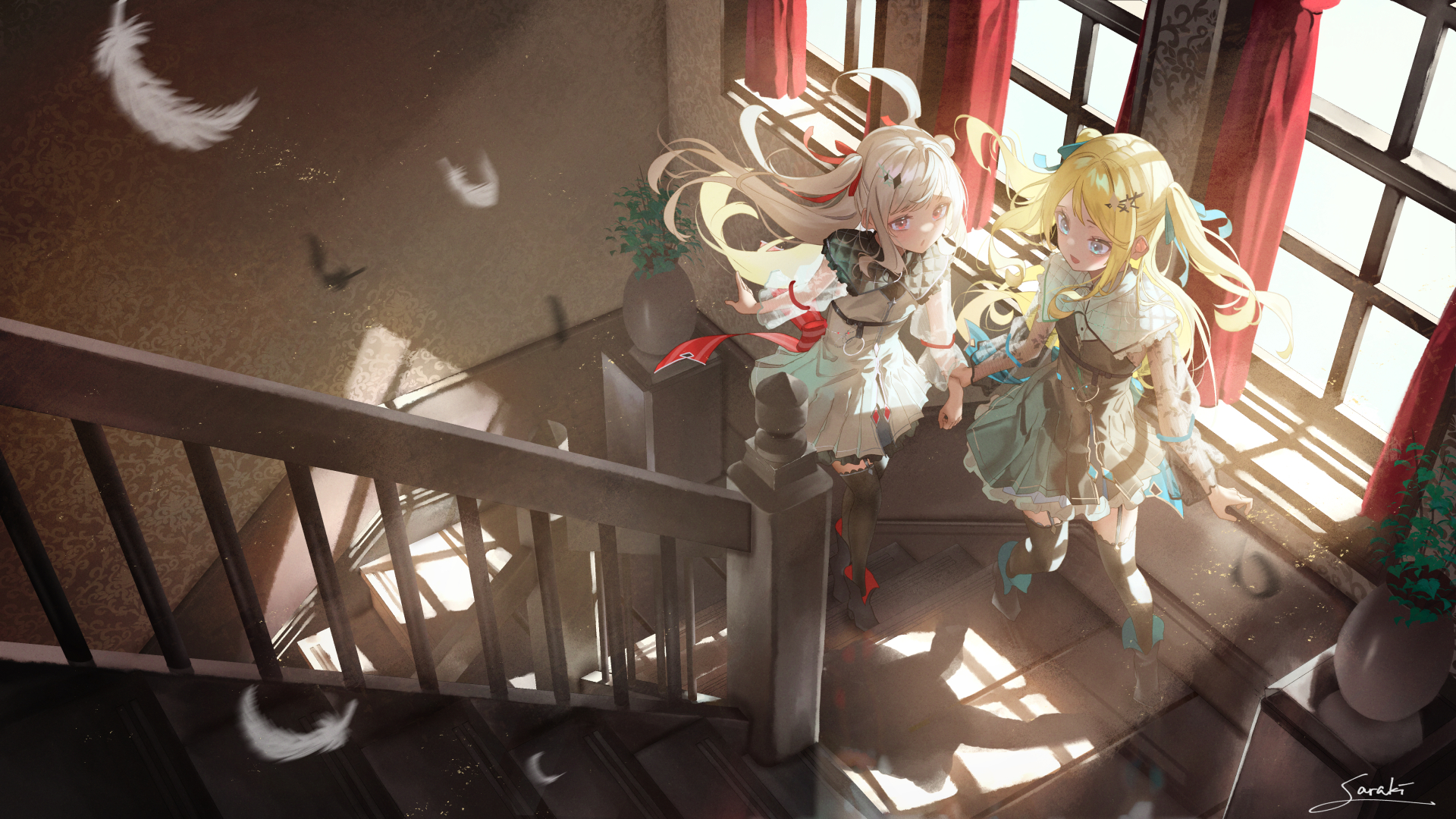 Anime 1920x1080 anime anime girls stairs sunlight feathers high angle silver hair blonde dress artwork Saraki
