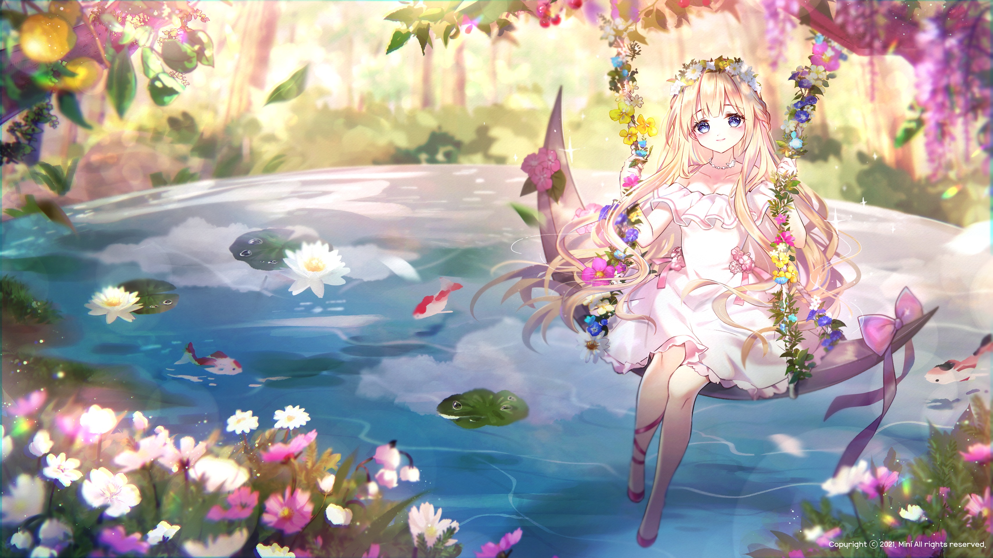 Anime 3414x1920 anime anime girls fantasy art fantasy girl swings thighs together pond long hair flowers plants looking at viewer women outdoors nature dress blonde