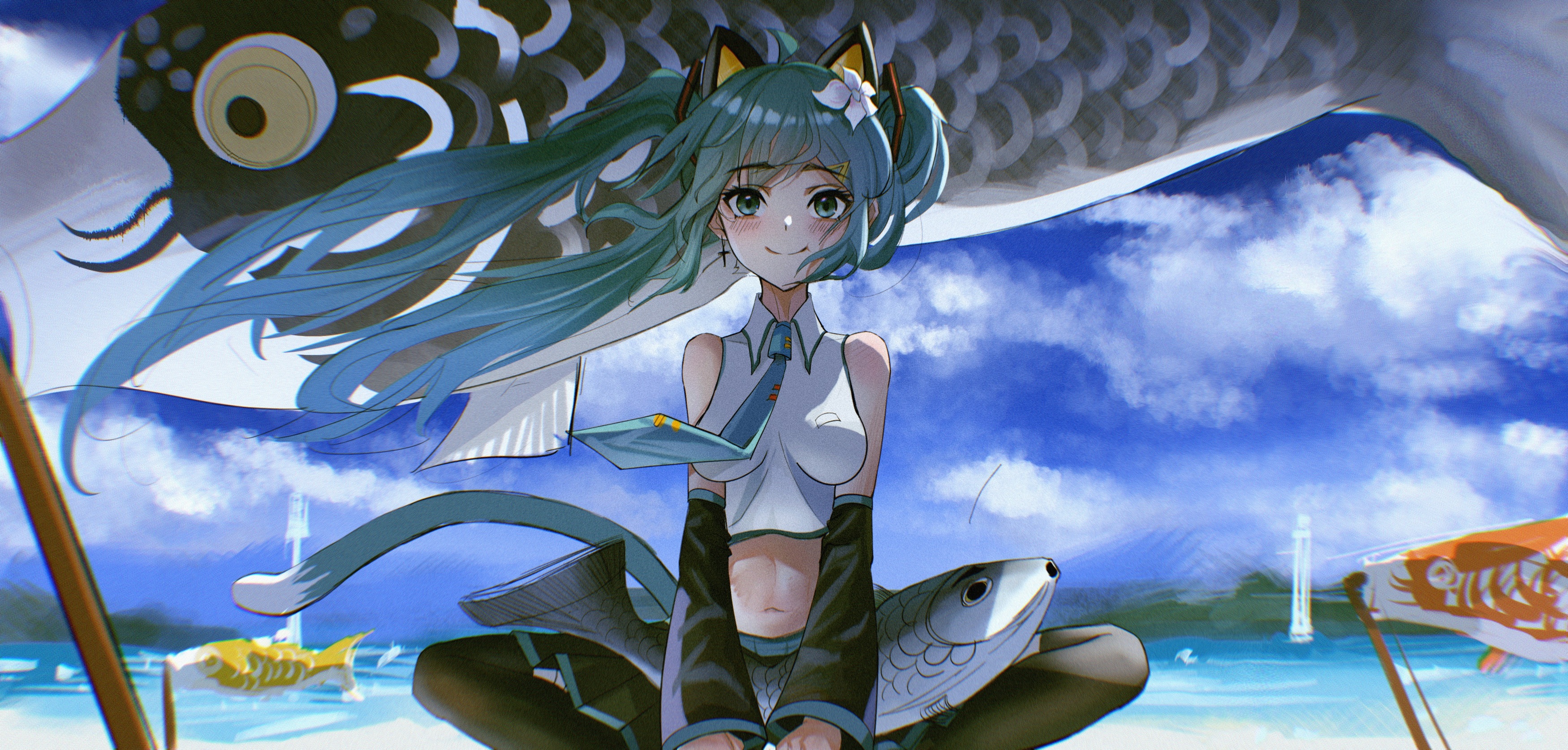 Anime 3500x1675 anime anime girls Vocaloid Hatsune Miku cat girl beach fish Koinobori Kodomo no Hi smiling closed mouth bare shoulders long hair hair blowing in the wind sky looking at viewer detached sleeves clouds water animals skirt blue hair blue eyes flower in hair wind tie cat ears cat tail blushing bent legs black stockings stockings outdoors women outdoors