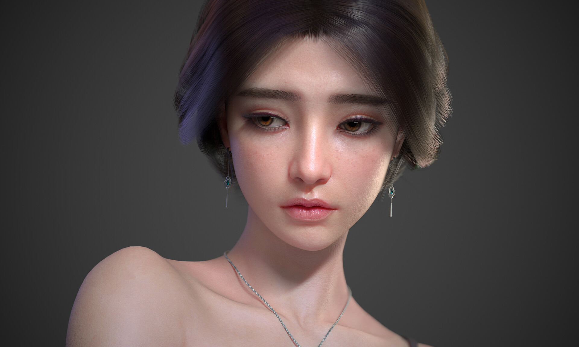 General 1920x1152 Asian women CGI digital art face looking away ArtStation dark hair gray background simple background