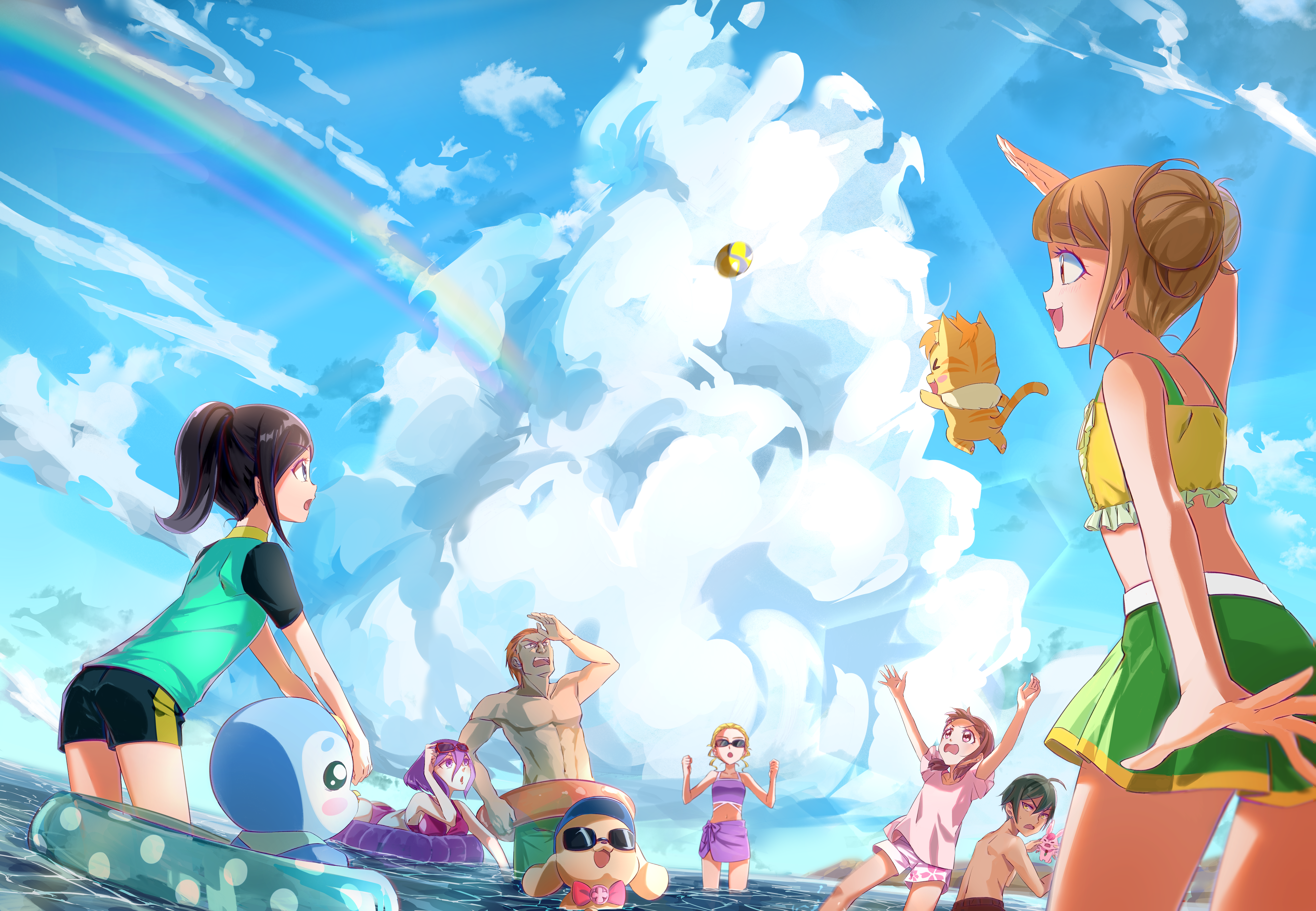 Anime 6499x4500 Pretty Cure Healin' Good ♥ Precure magical girls beach sea anime girls standing in water