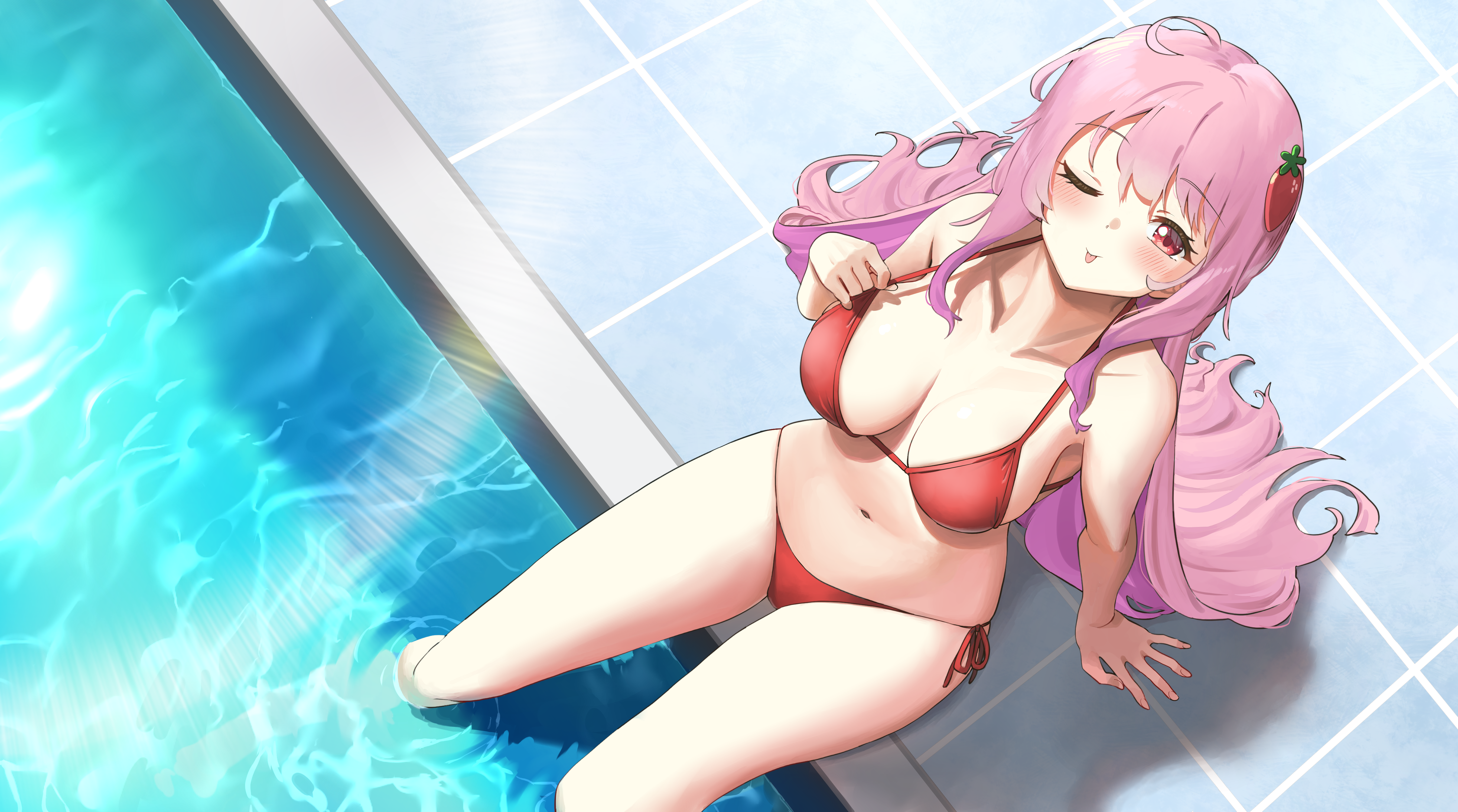 Anime 5384x3000 anime anime girls bikini sitting pink hair long hair red eyes wink tongue out Electriccross artwork