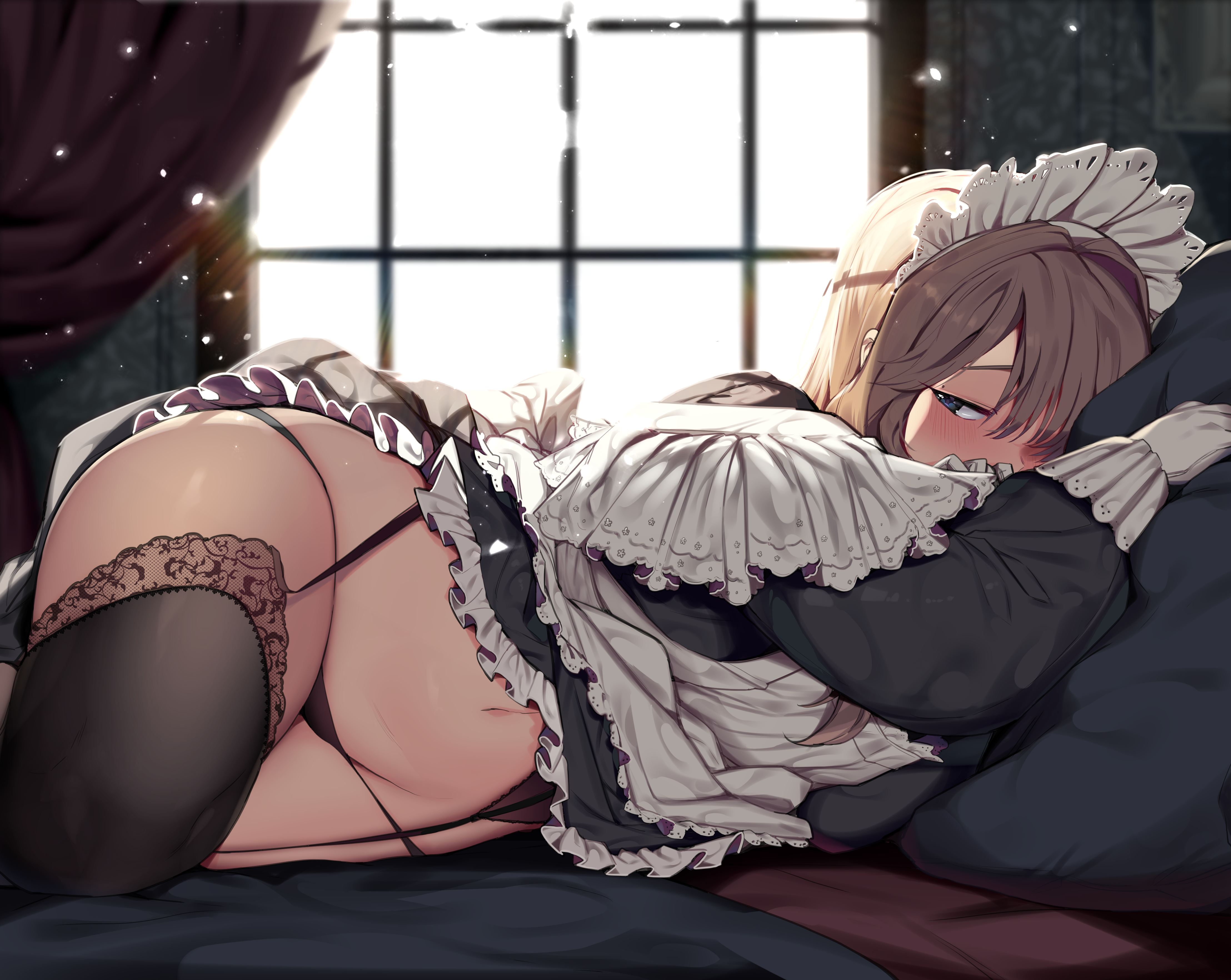 Anime 4431x3528 mendou kusai anime anime girls panties maid belly maid outfit 2D original characters ecchi in bed lifting skirt lying on side