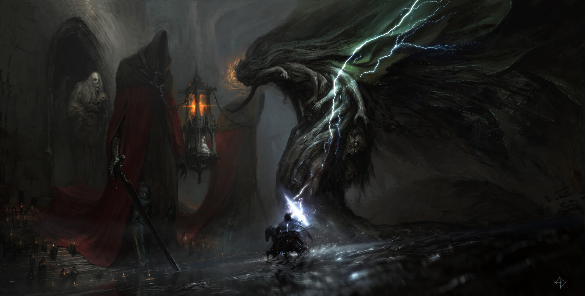 General 1920x972 Artem Demura dark digital art fantasy art giant lightning creature lantern sword statue horse
