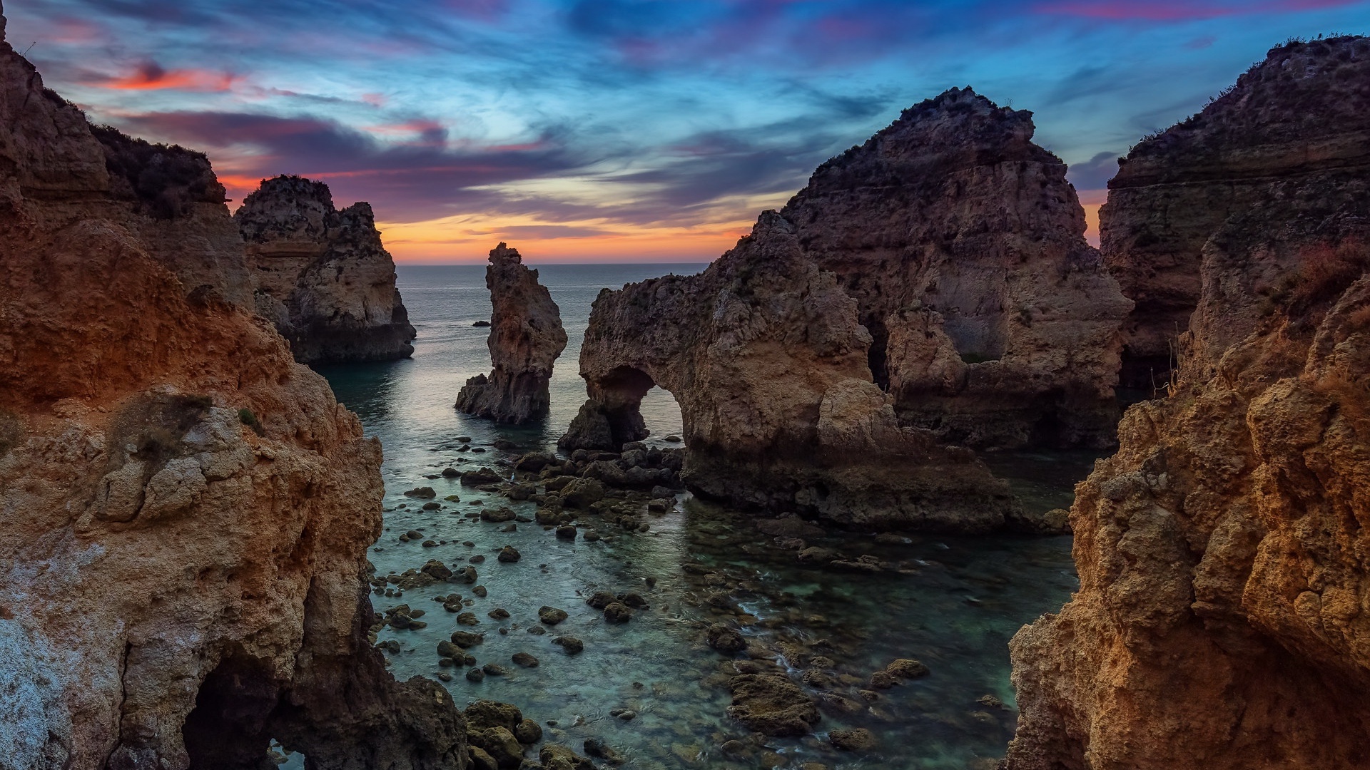 General 1920x1080 outdoors nature coast sea rocks cliff rock formation Lagos Algarve dusk