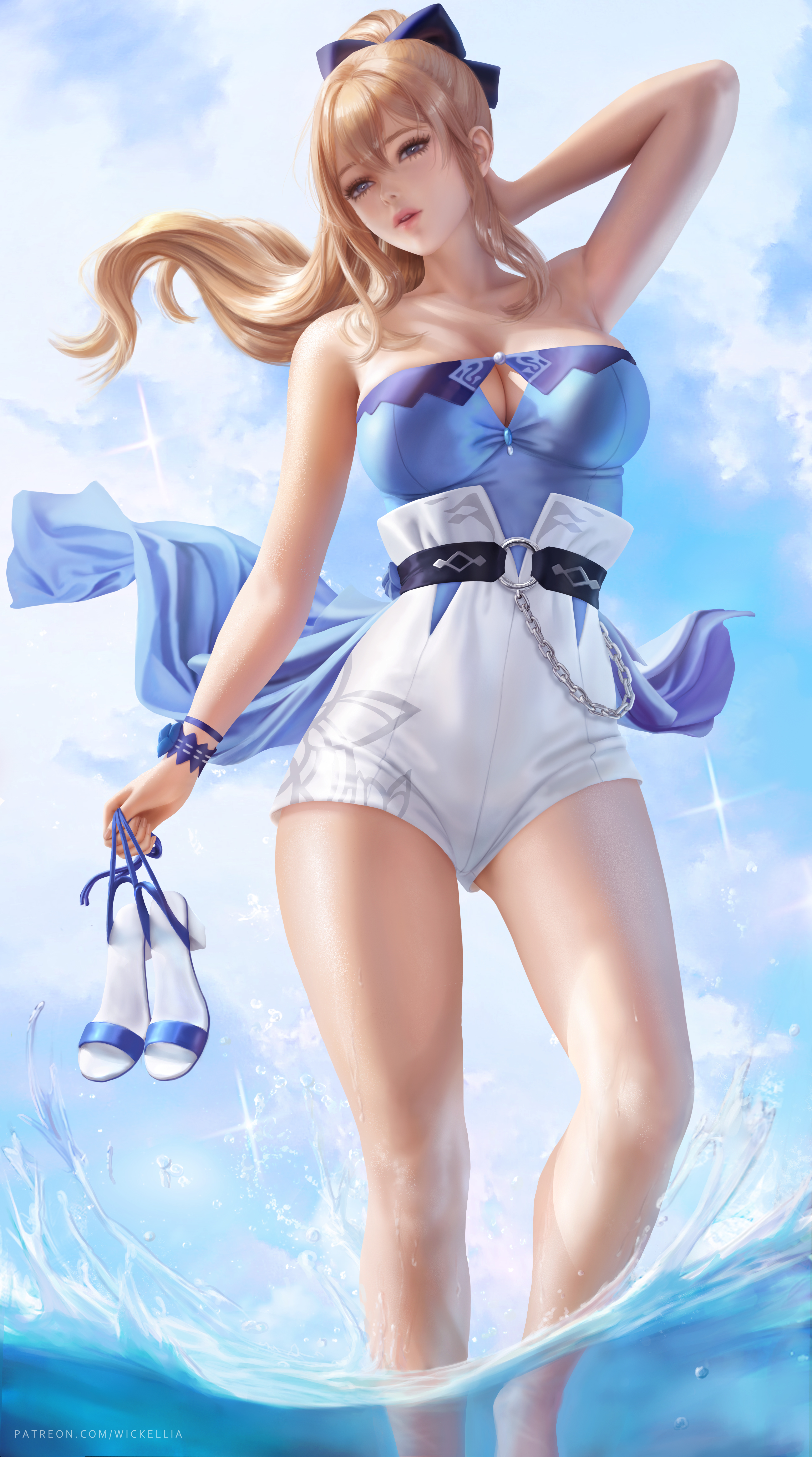 Anime 3900x6996 Jean (Genshin Impact) Genshin Impact video games video game girls anime anime girls blonde ponytail looking at viewer blue eyes parted lips summer sky clouds splashes sandals short shorts blue tops bare shoulders belt chains portrait display artwork drawing illustration fan art Wickellia