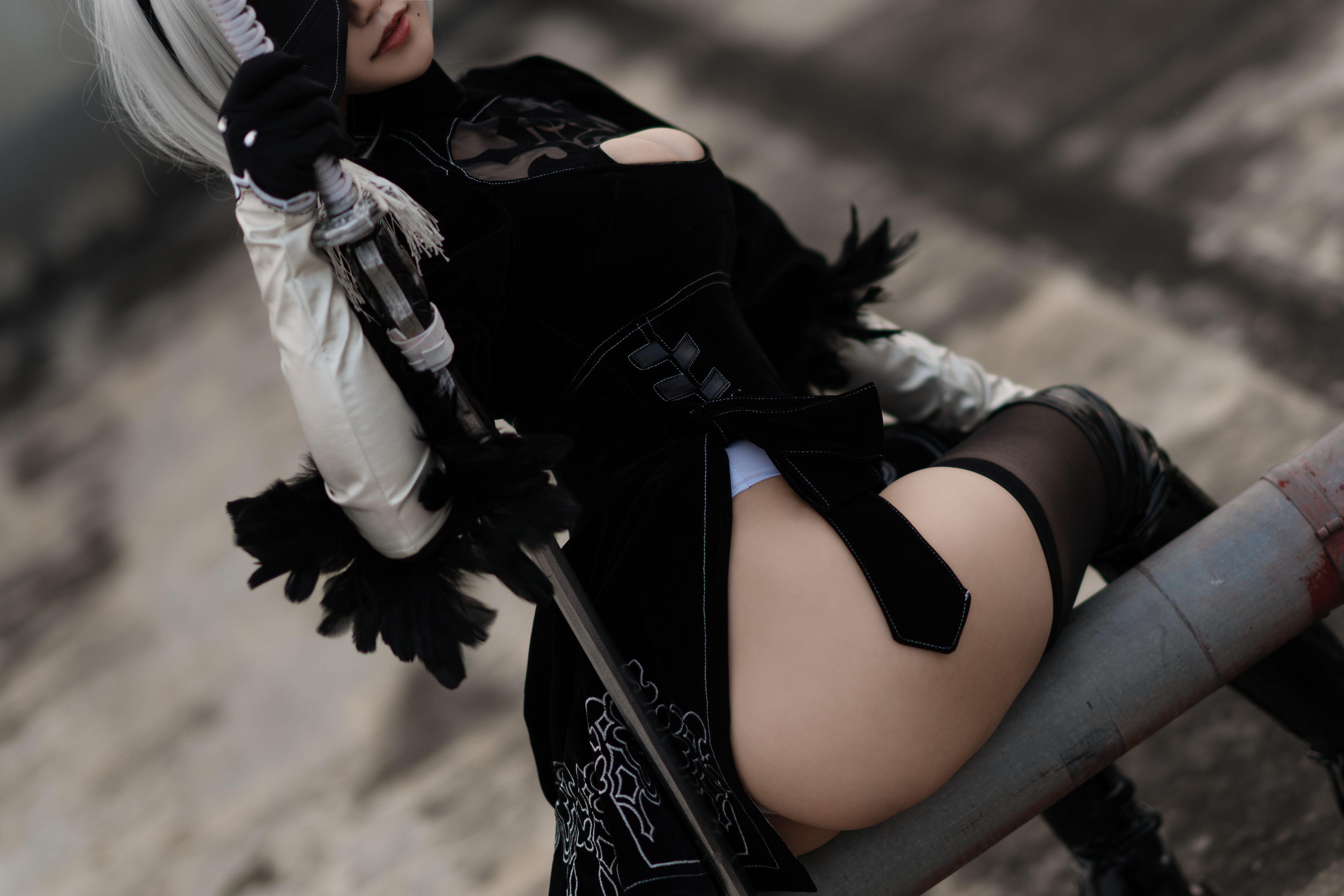 People 4500x3002 Yummy Chiyo women model Asian cosplay 2B (Nier: Automata) Nier: Automata video games video game girls white hair dress black dress ass thighs lingerie stockings black stockings knee-high boots sword outdoors women outdoors eyepatches gloves closeup sitting cleavage