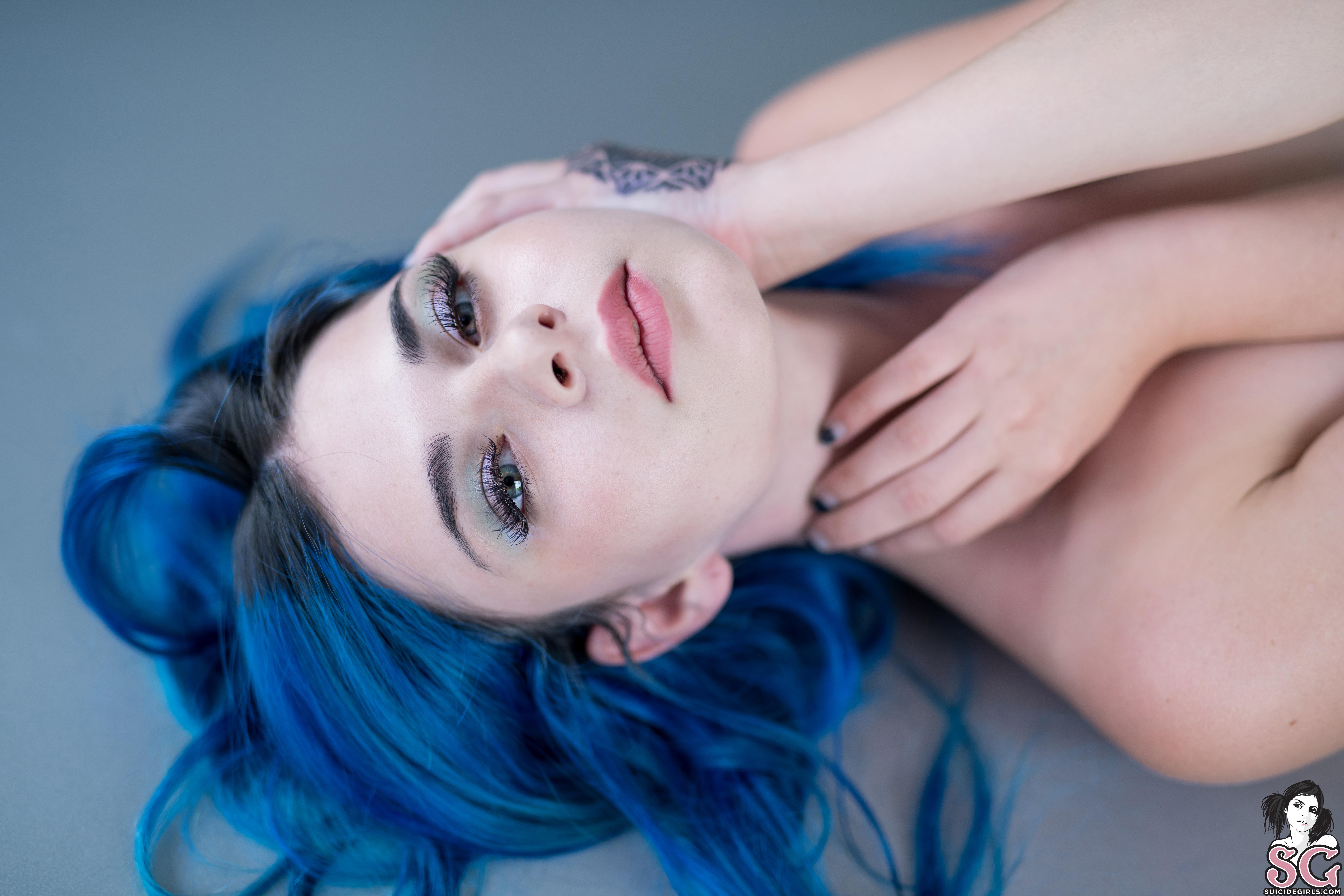 People 8256x5504 Kuroha Suicide women blue hair watermarked simple background closeup Suicide Girls