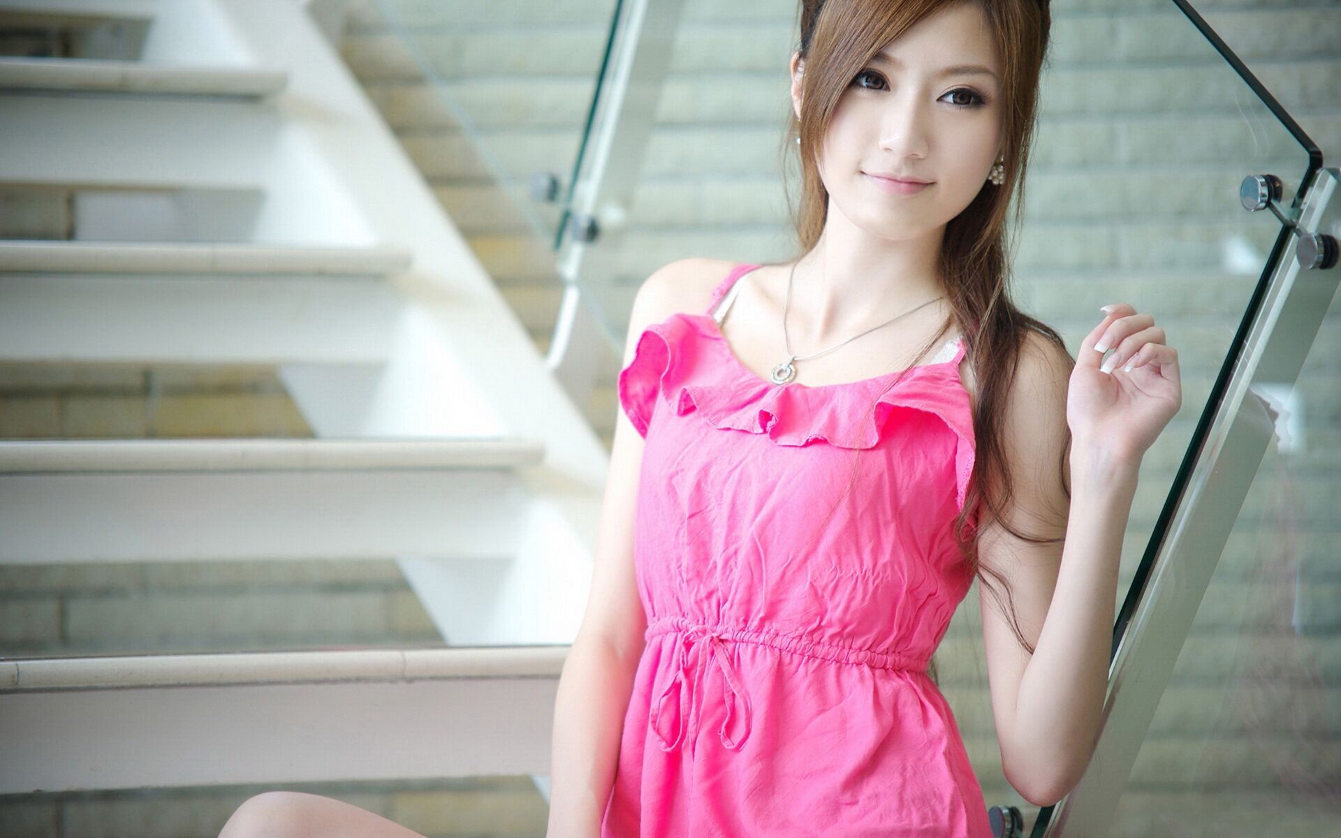 People 1920x1200 Asian pink dress long nails looking away stairs women