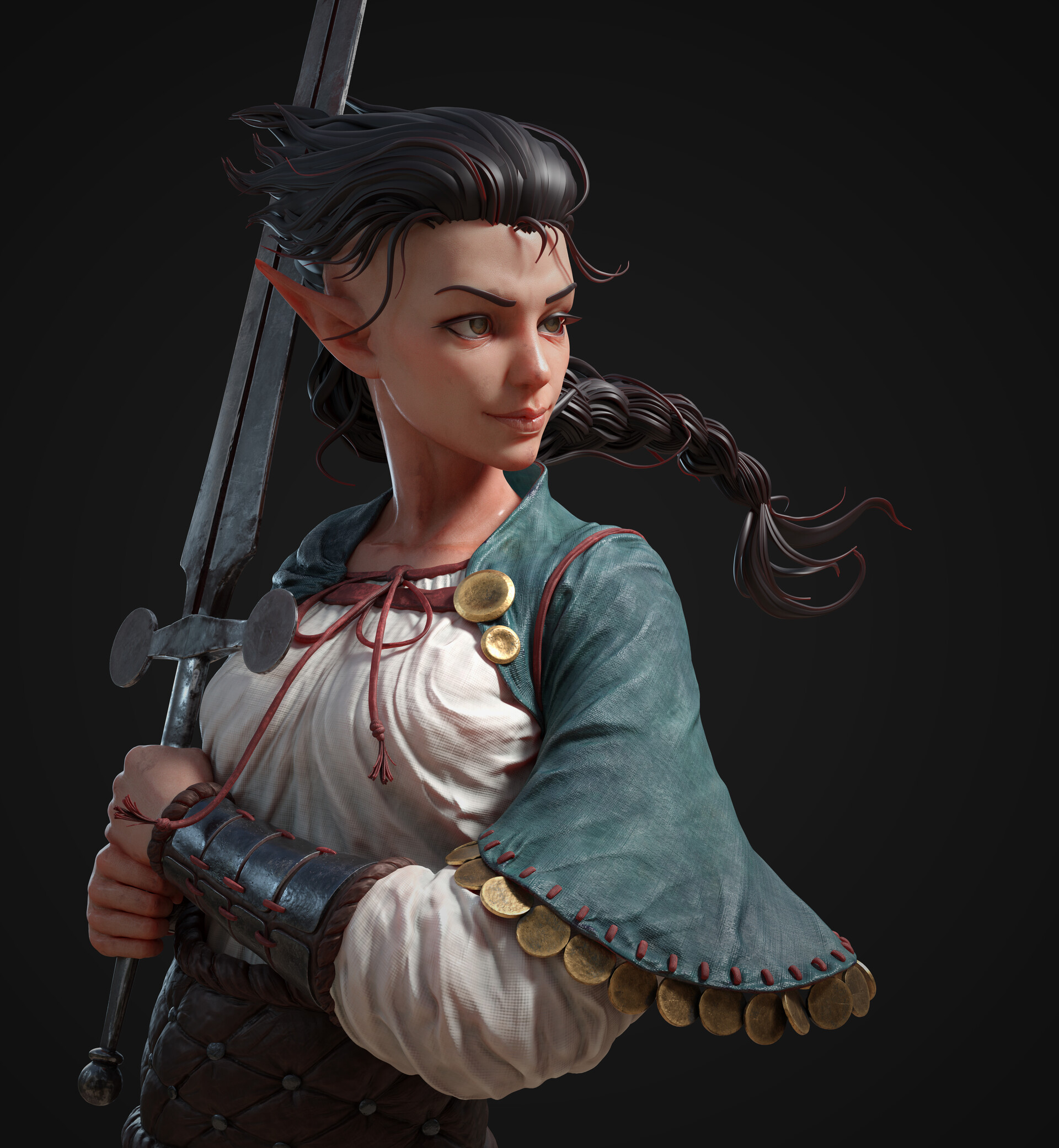 Cheng Xing, fantasy girl, women with swords, women, pointy ears, dark ...