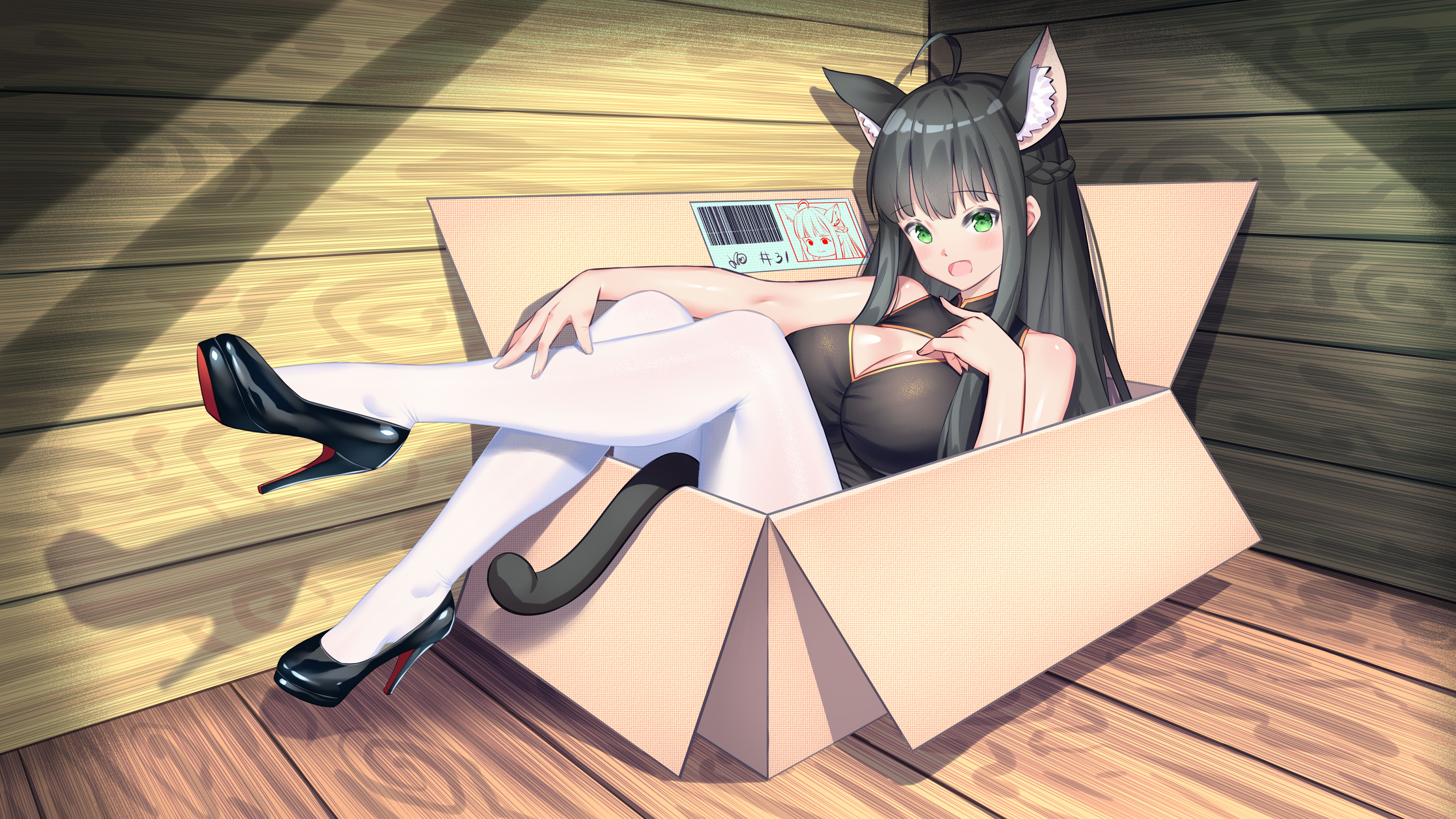 Anime 6222x3500 Konishi anime anime girls cat girl legs heels dark hair green eyes boxes