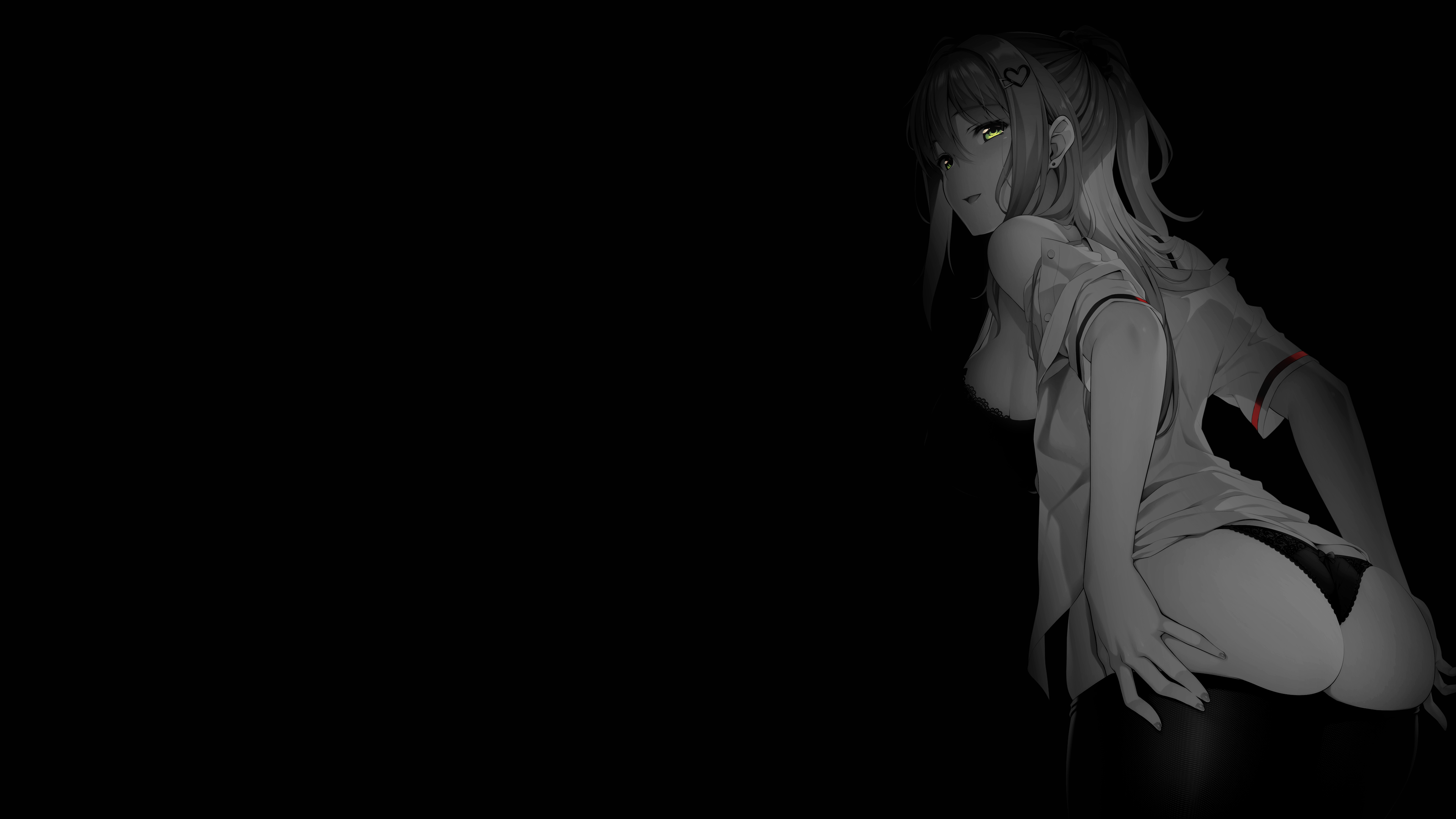 Anime 3840x2160 selective coloring black background anime girls undressing green eyes monochrome simple background ass dark background long hair looking at viewer looking back Yuzu Modoki original characters
