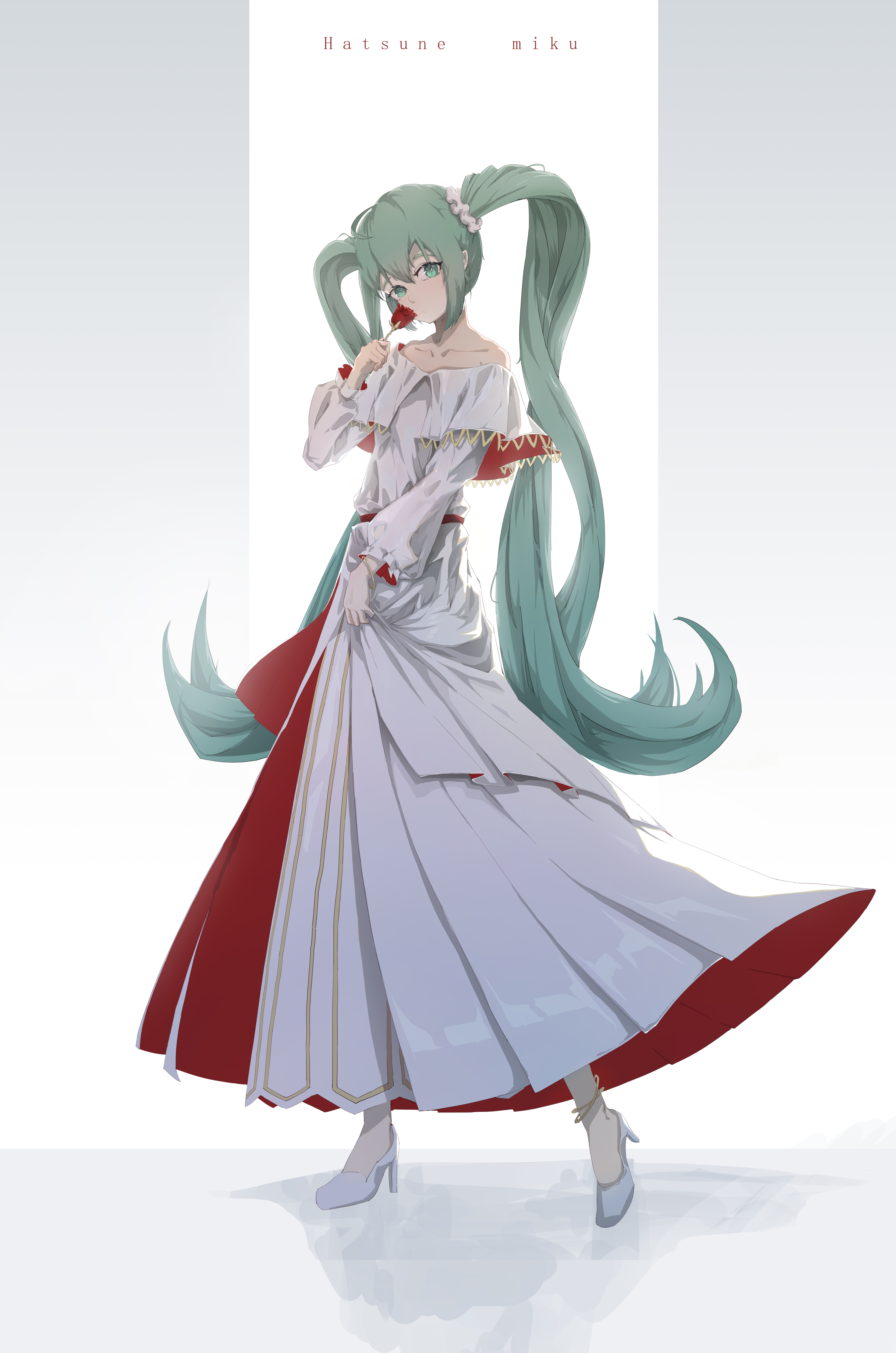 Anime 5624x8492 Rotarran artwork anime girls Hatsune Miku Vocaloid green hair rose portrait display twintails blue eyes white dress high heels