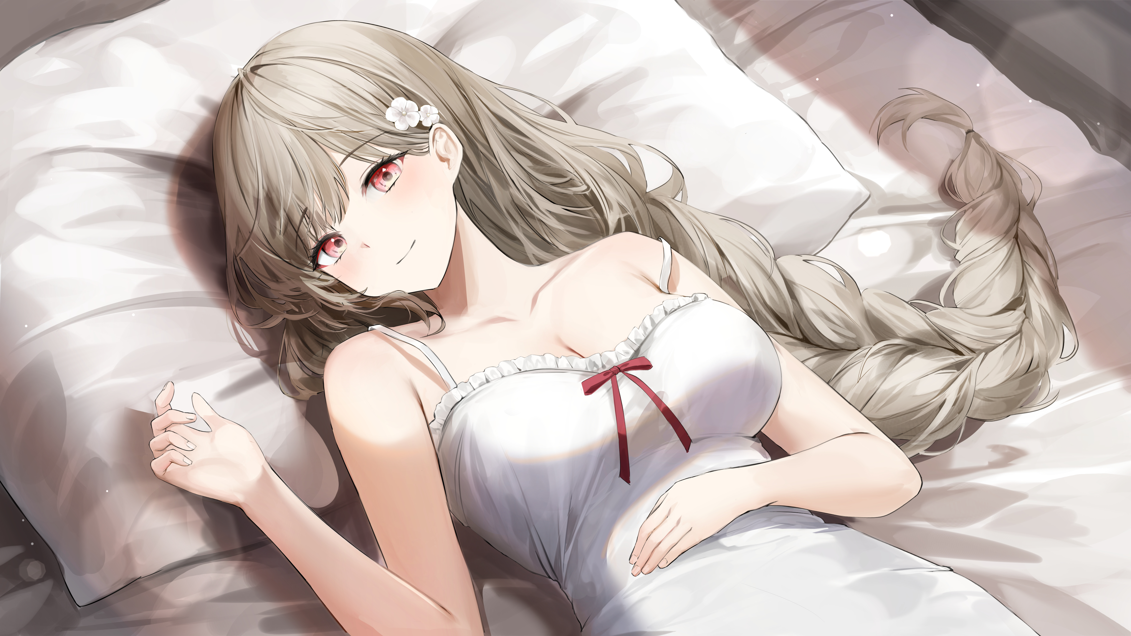 Anime 3840x2160 anime anime girls braids flower in hair long hair in bed dress