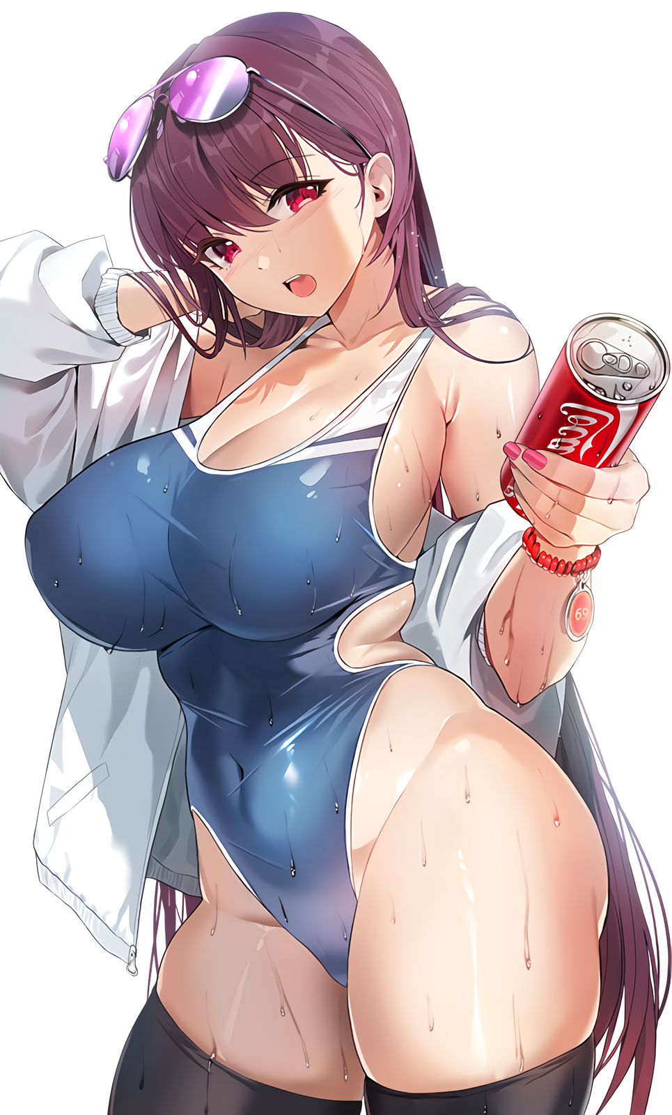 Anime 965x1600 Damda anime girls illustration sweat purple hair long hair red eyes Fate series Fate/Grand Order Scathach one-piece swimsuit swimwear leotard belly button sunglasses open mouth white coat knee-highs stockings thick thigh painted nails Coca-Cola can big boobs curvy white background drink soda portrait wet body wet clothing