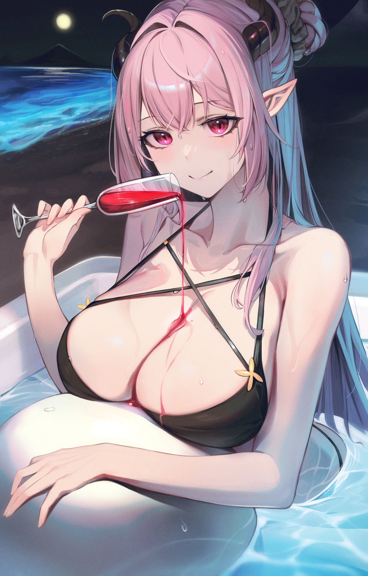Anime 1277x2000 anime anime girls bikini big boobs wine cleavage water in water pointy ears horns red eyes pink hair