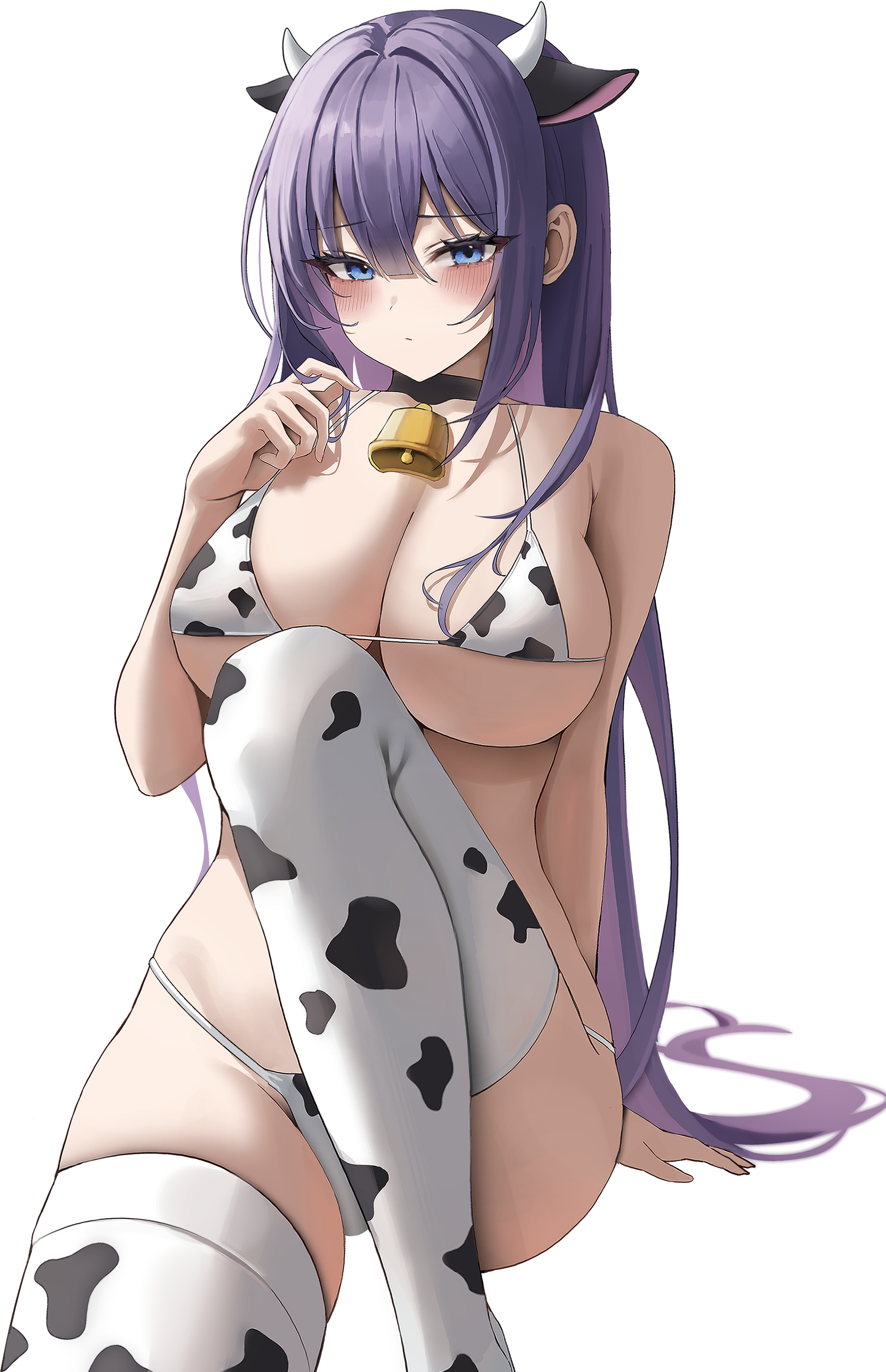 Anime 1917x2969 anime girls boobs cowkinis stockings cow girl animal ears horns bells collar purple hair cow stockings micro bikini bikini