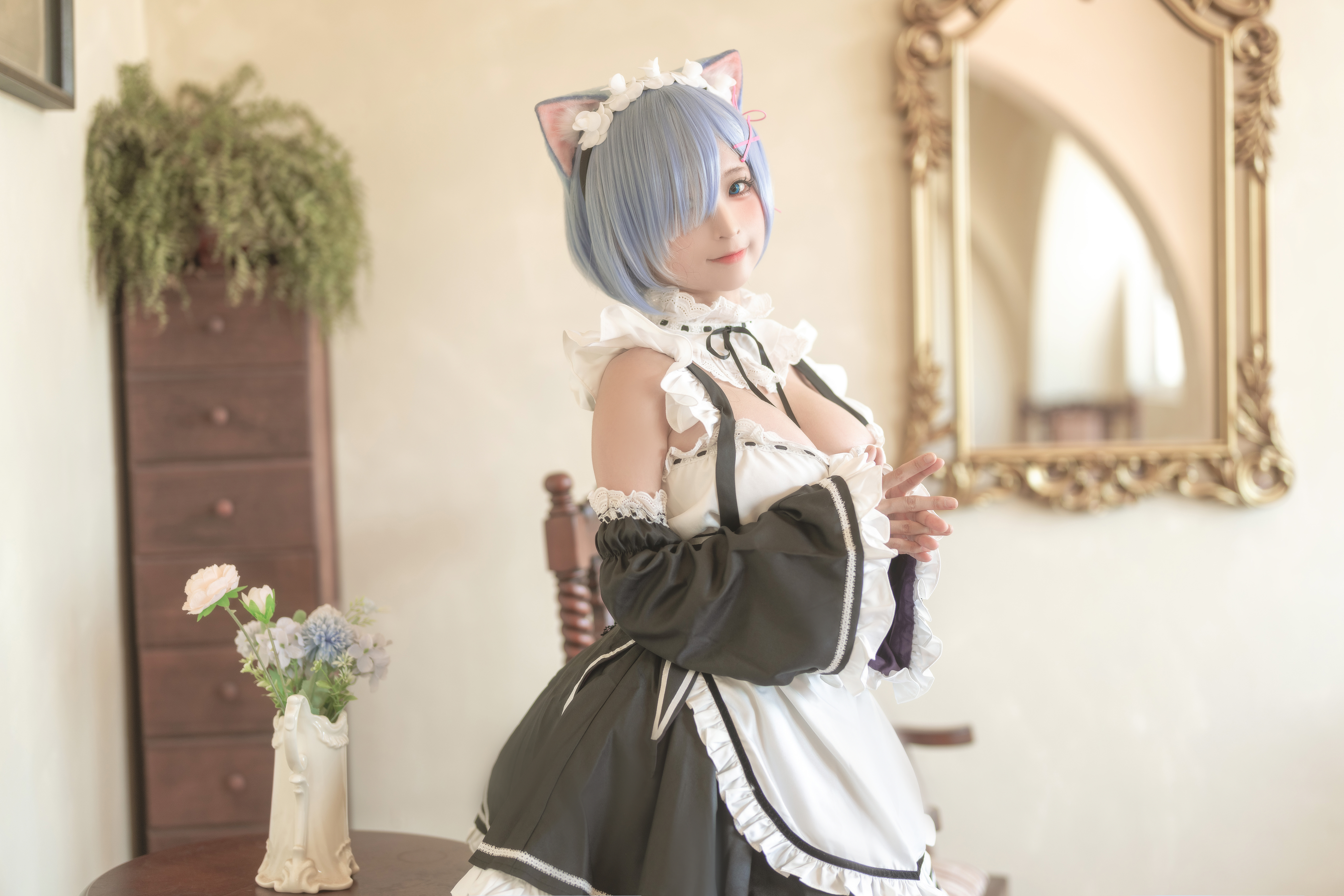 People 5640x3760 Chun Momo women model Asian cosplay Rem (Re:Zero) Re:Zero Kara Hajimeru Isekai Seikatsu maid outfit cat ears women indoors
