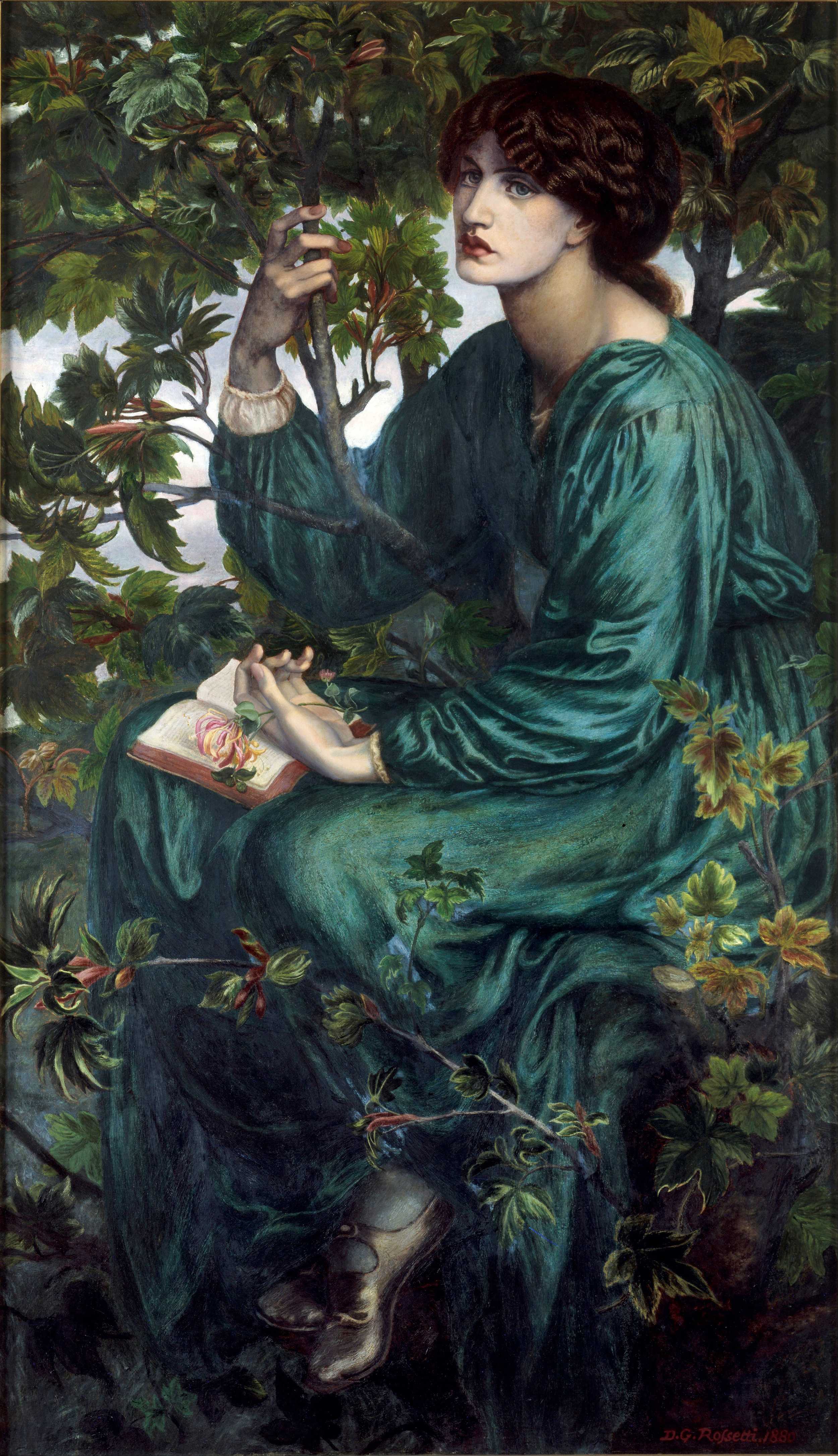 General 2500x4342 artwork painting women Dante Gabriel Rossetti books trees flowers leaves portrait display classic art watermarked